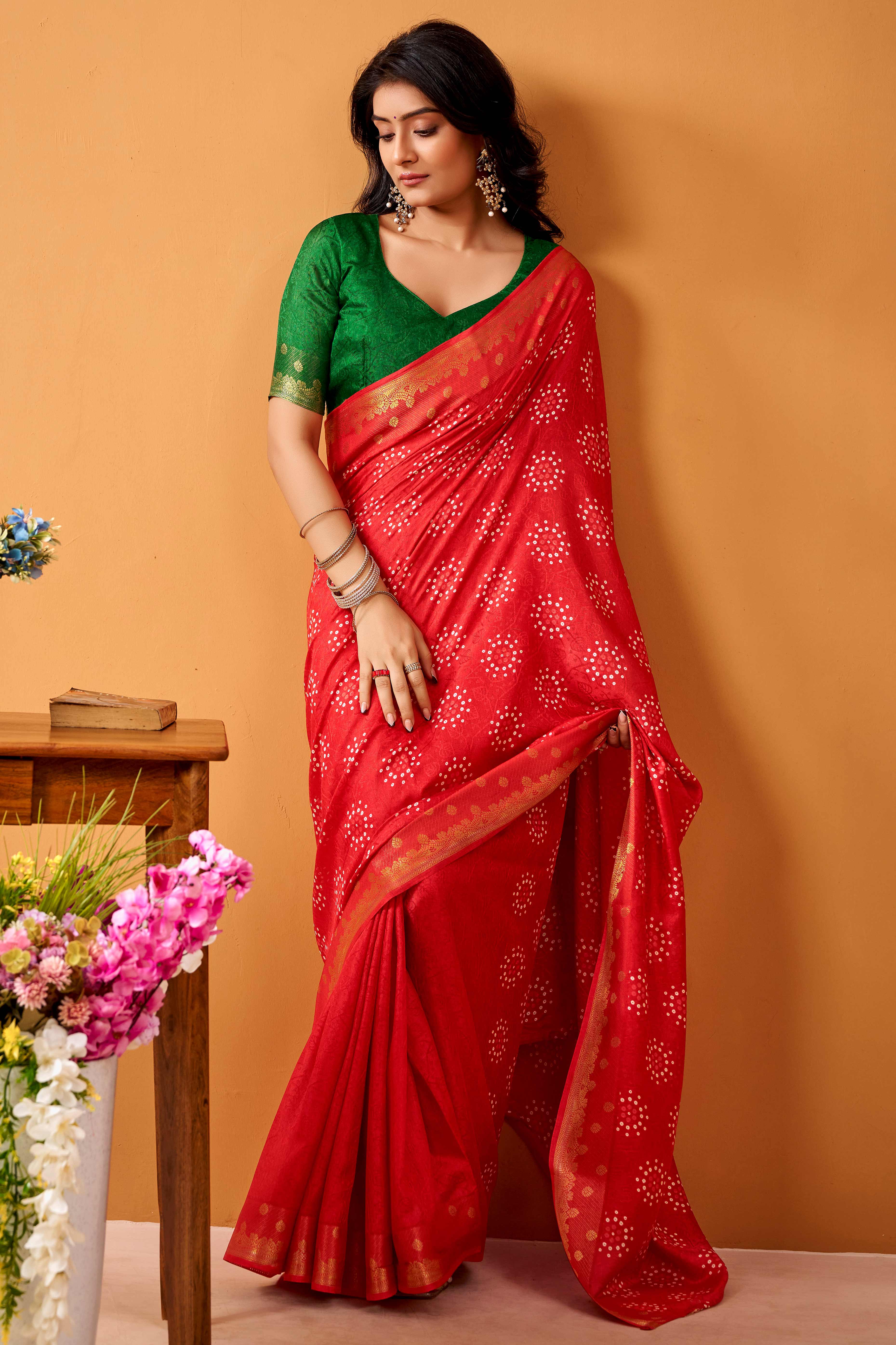 Luxurious Red Tussar Silk Saree Featuring Traditional Bandhani Print & Peacock Jacquard Border