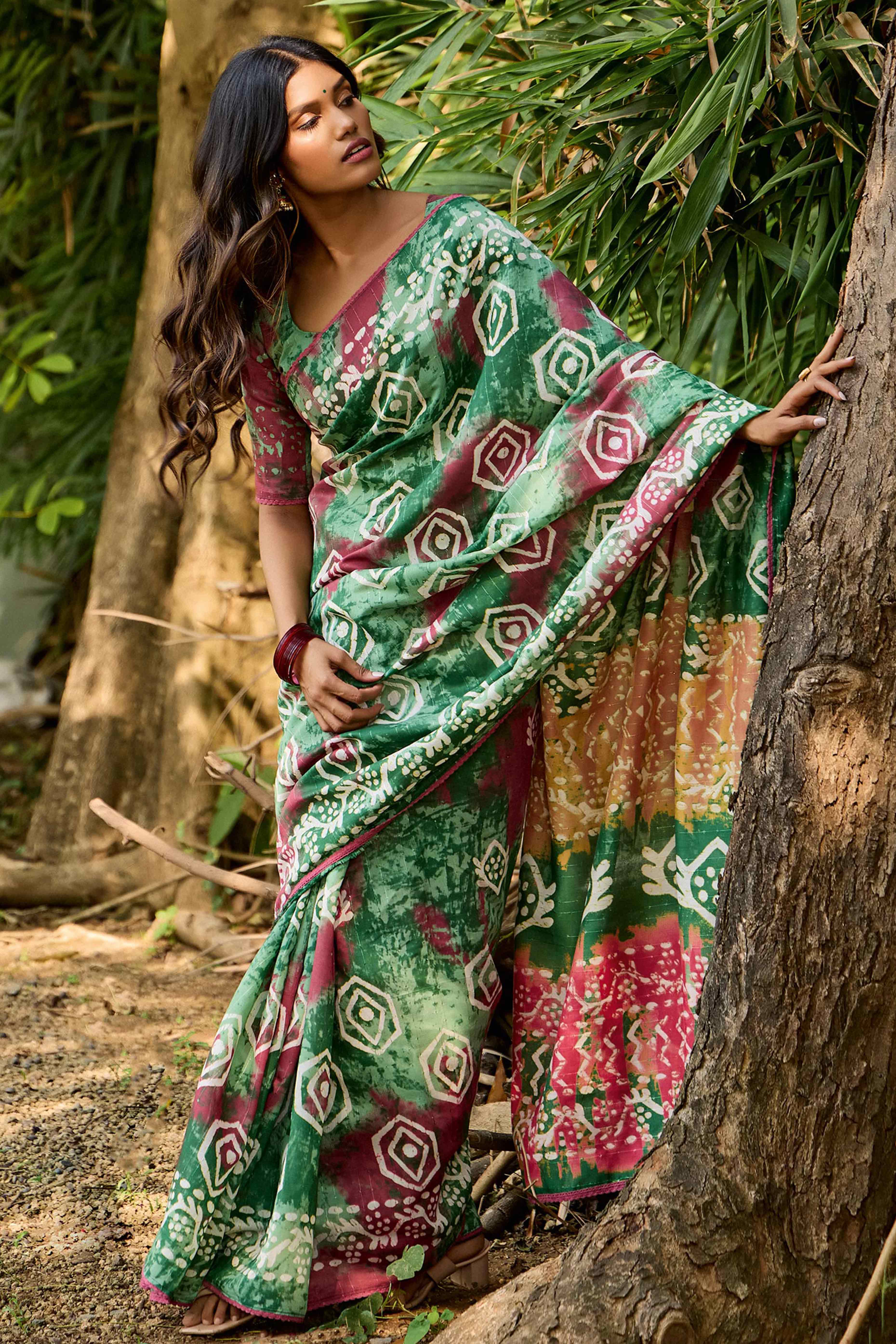 Sea Green Batik Printed Cotton Silk Saree