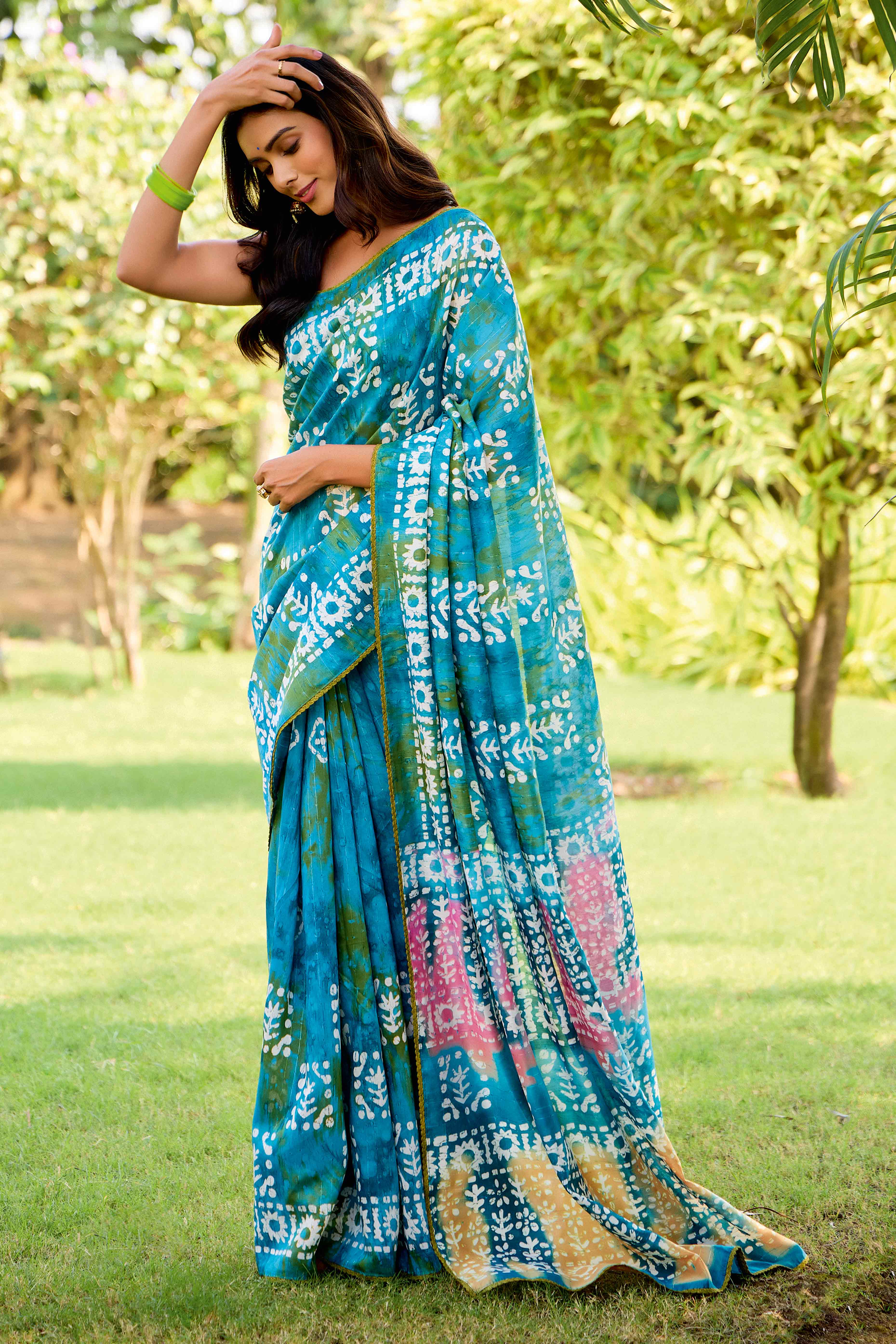 Sky Blue Batik Printed Cotton Silk Saree