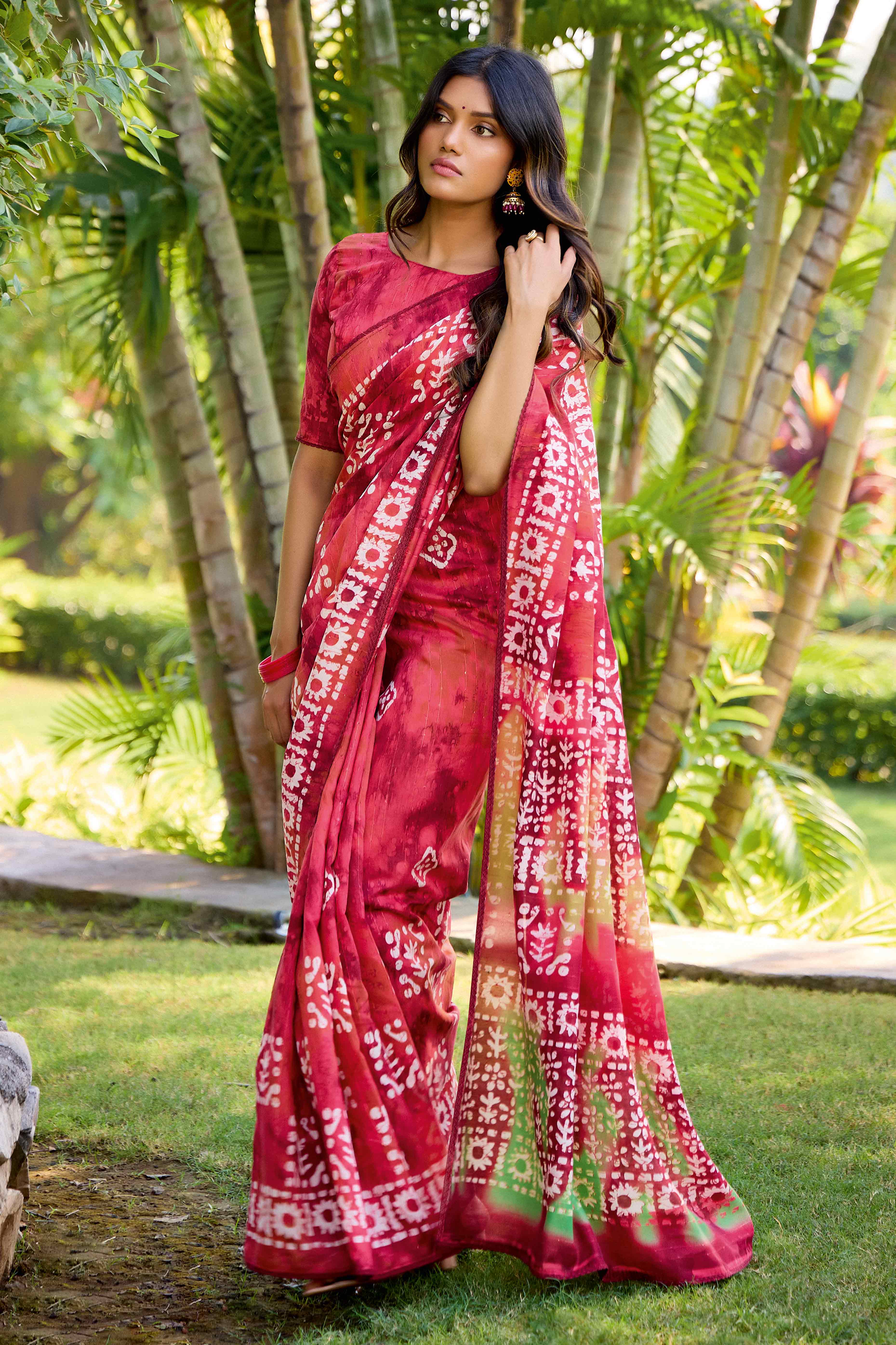 Red Batik Printed Cotton Silk Saree