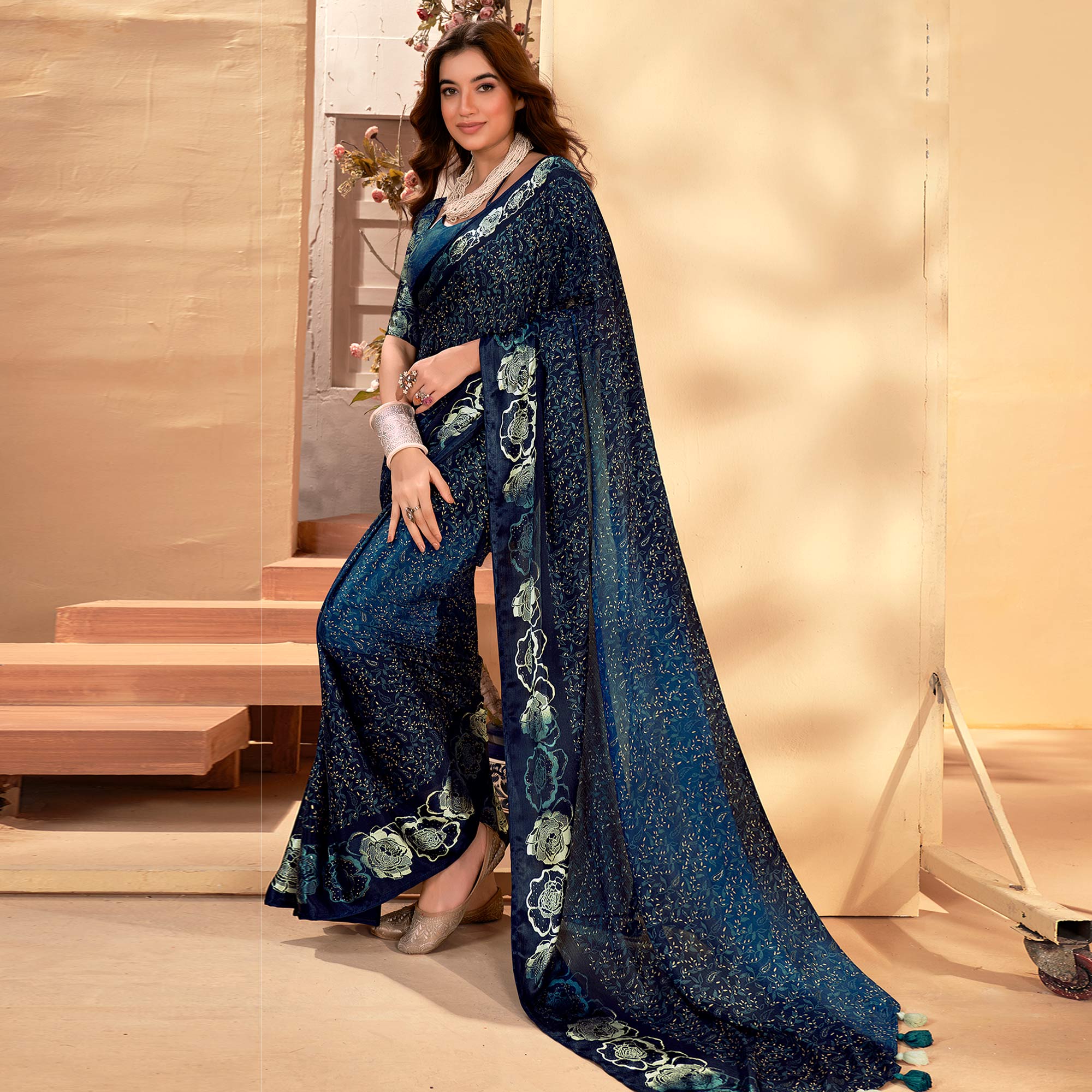Navy Blue Floral Printed Georgette Saree with Satin Border
