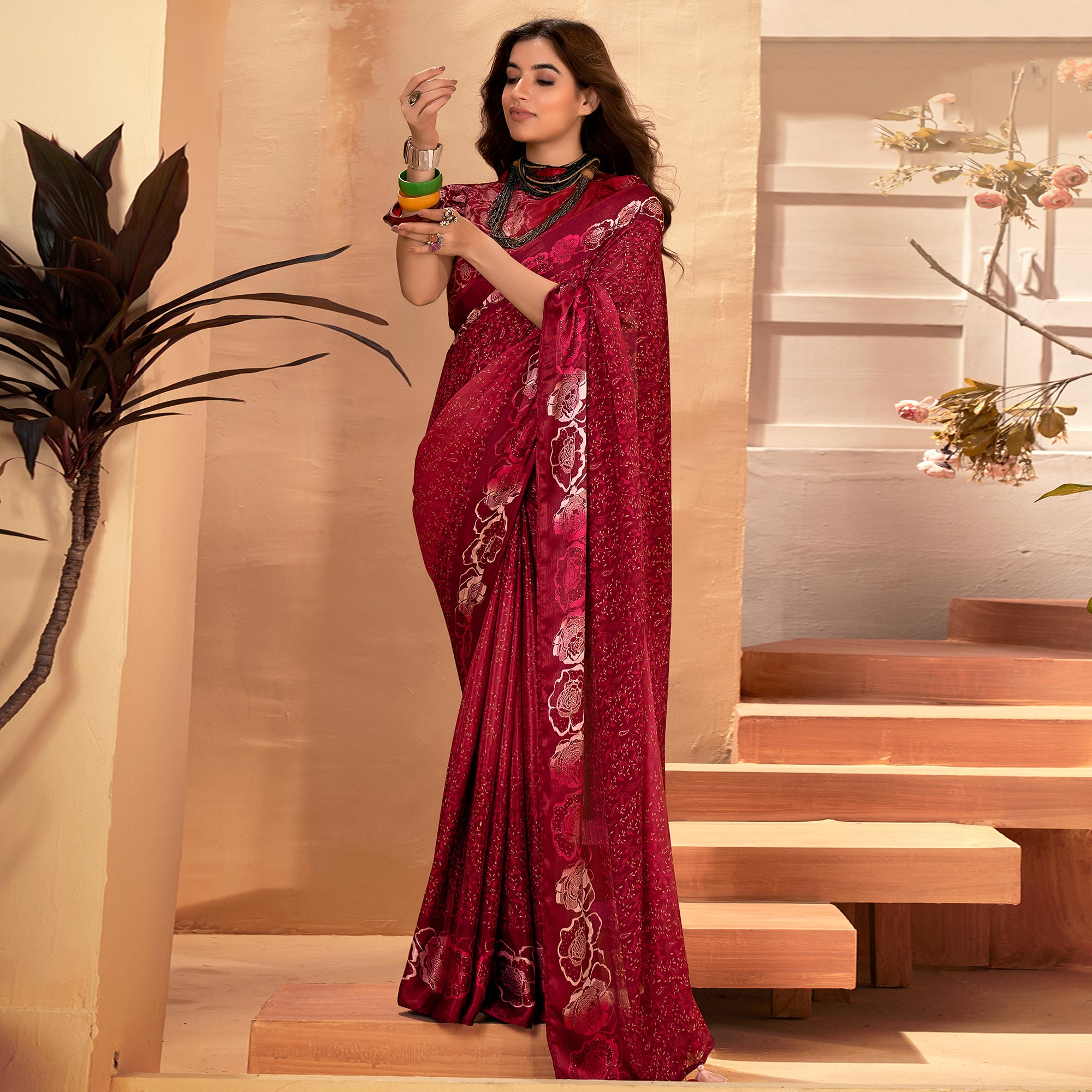 Red Floral Printed Georgette Saree with Satin Border