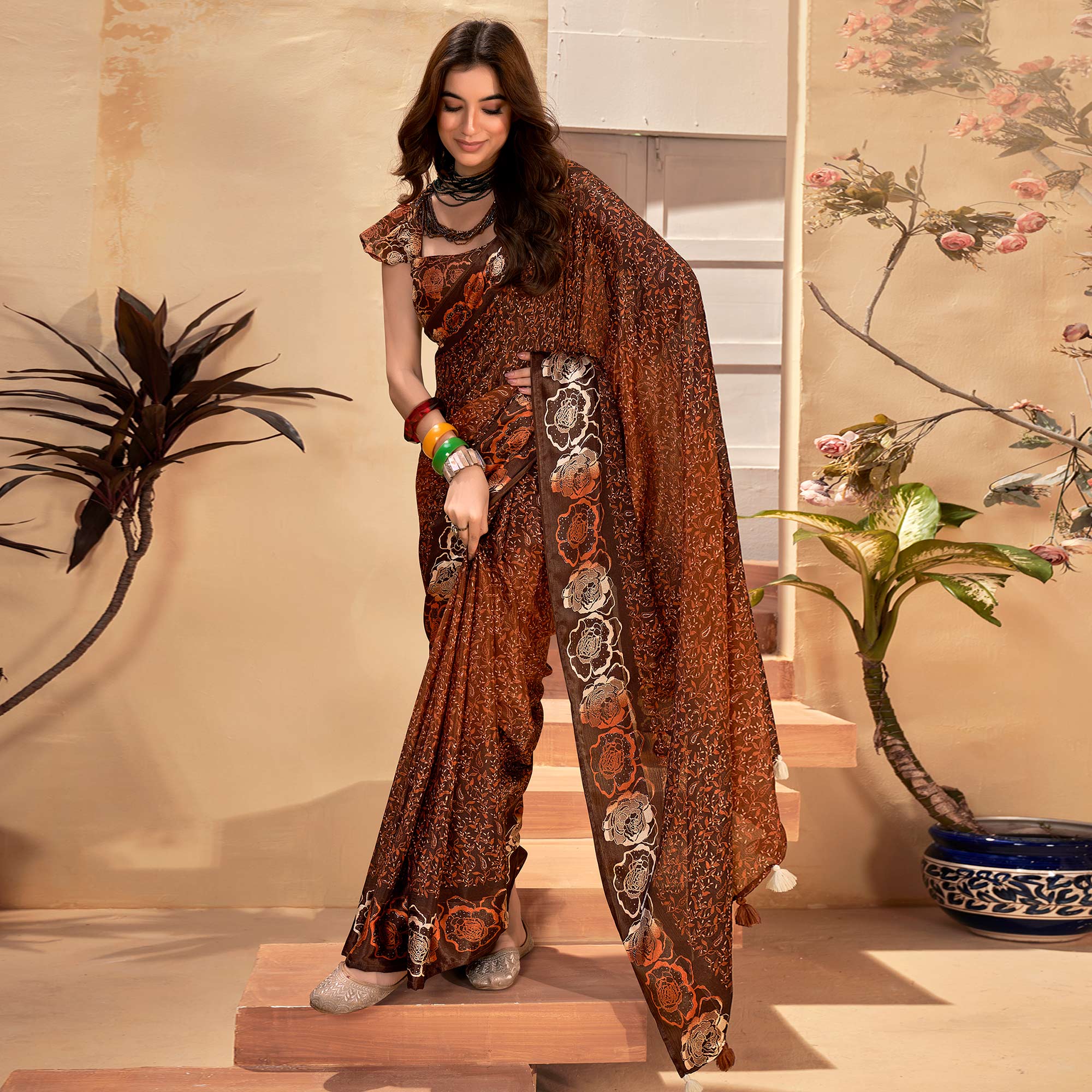 Orange Floral Printed Georgette Saree with Satin Border