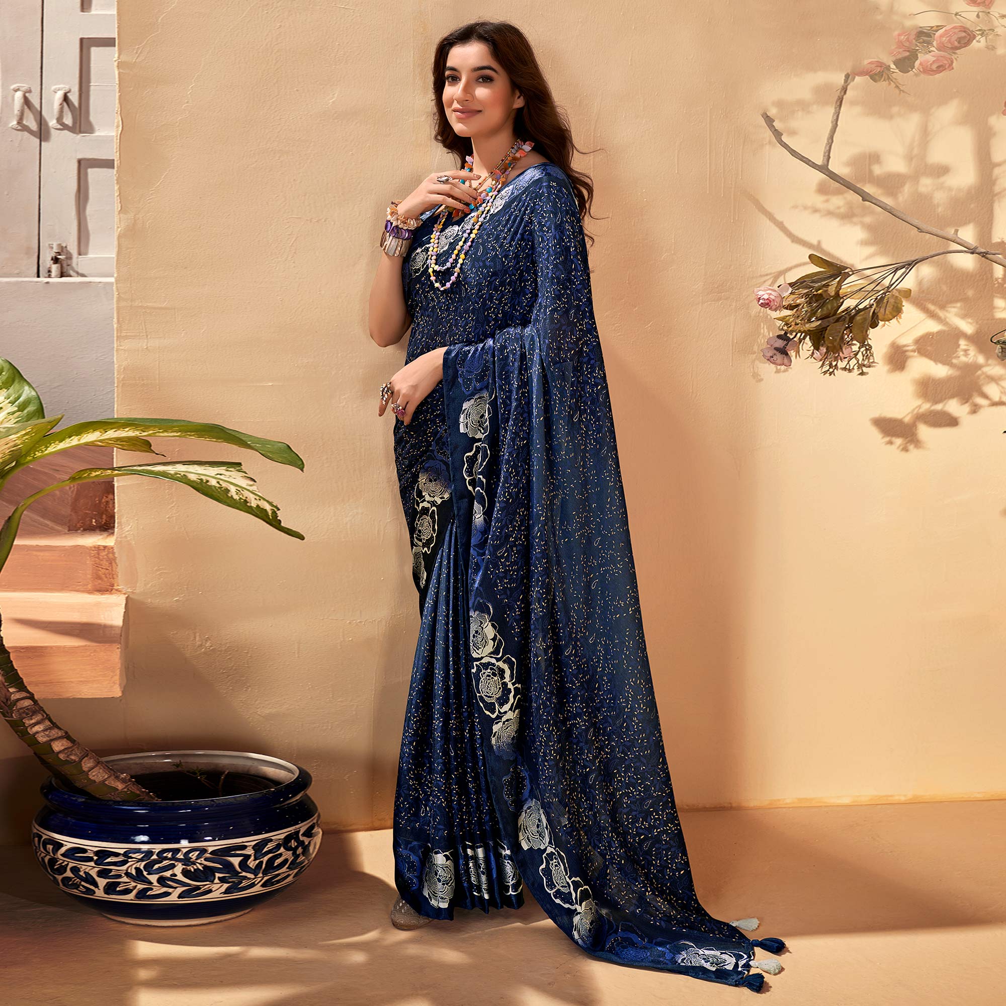 Blue Floral Printed Georgette Saree with Satin Border