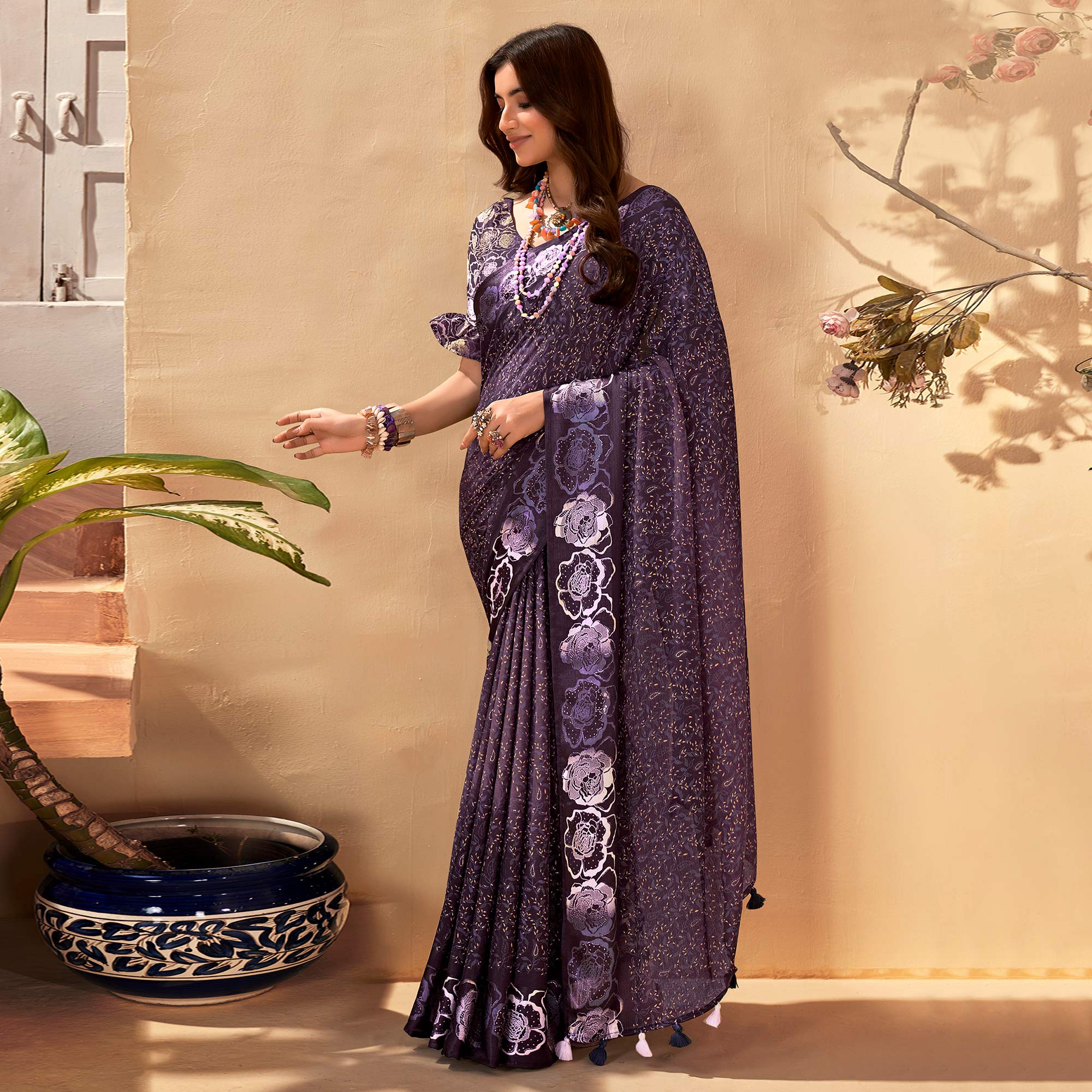 Purple Floral Printed Georgette Saree with Satin Border