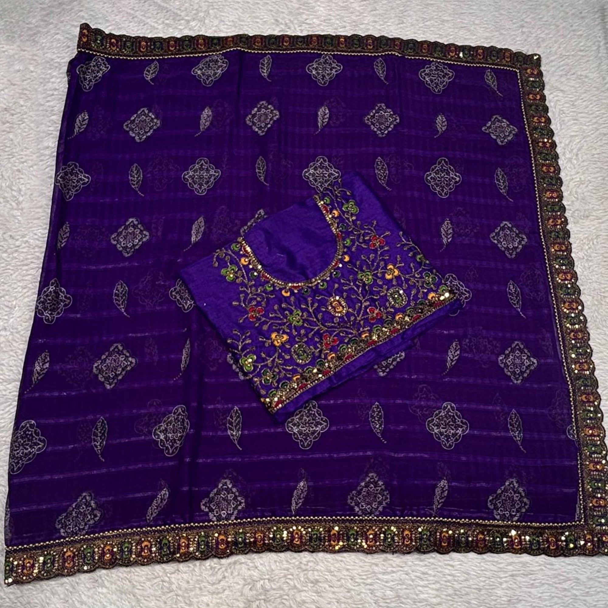 Violet Bandhani Printed Georgette Saree for Festive Wear with Lace Detailing