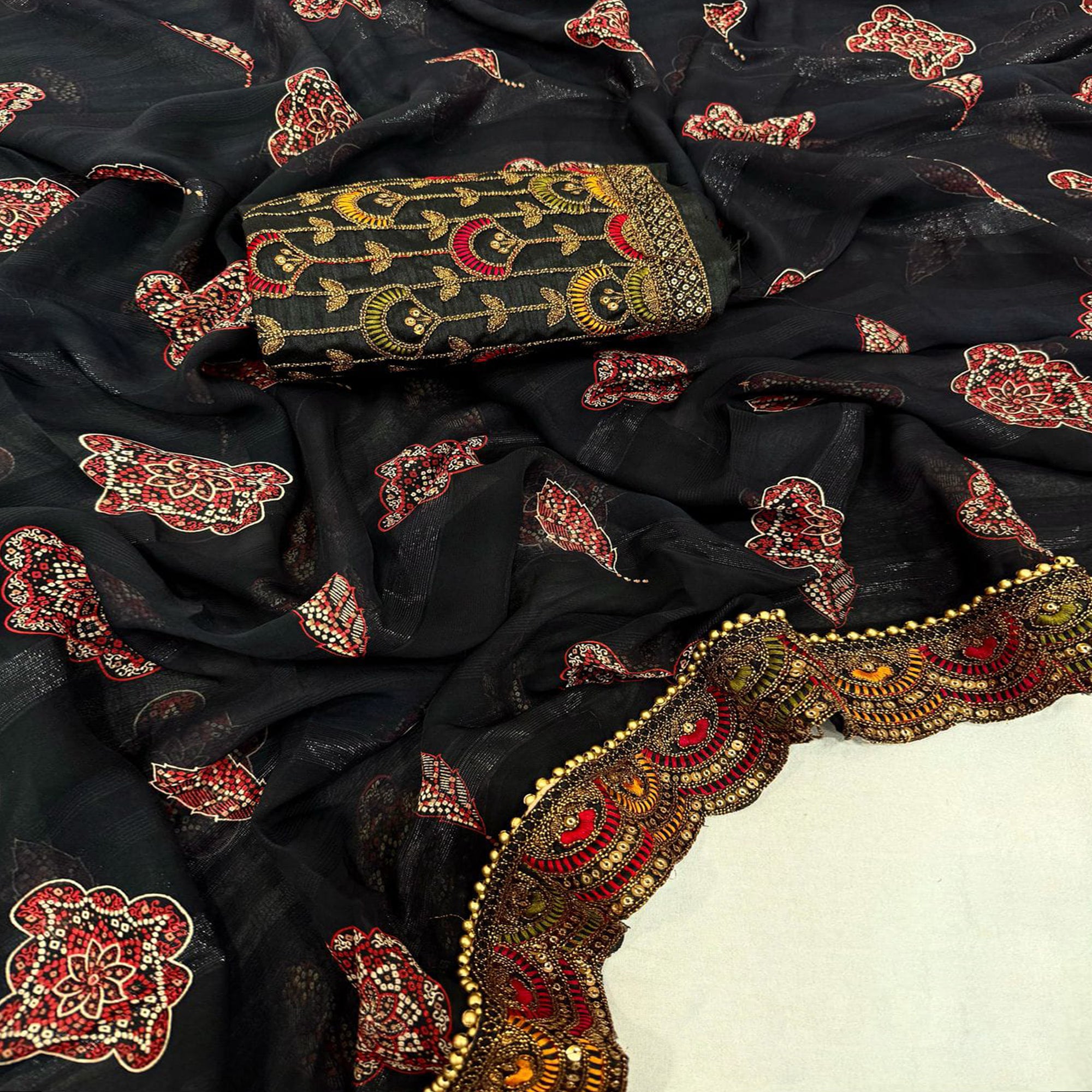 Black Bandhani Printed Georgette Saree for Festive Wear with Lace Detailing