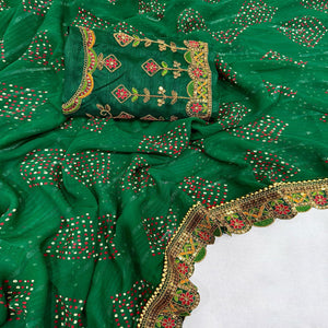 Green Bandhani Printed Georgette Saree for Festive Wear with Lace Detailing