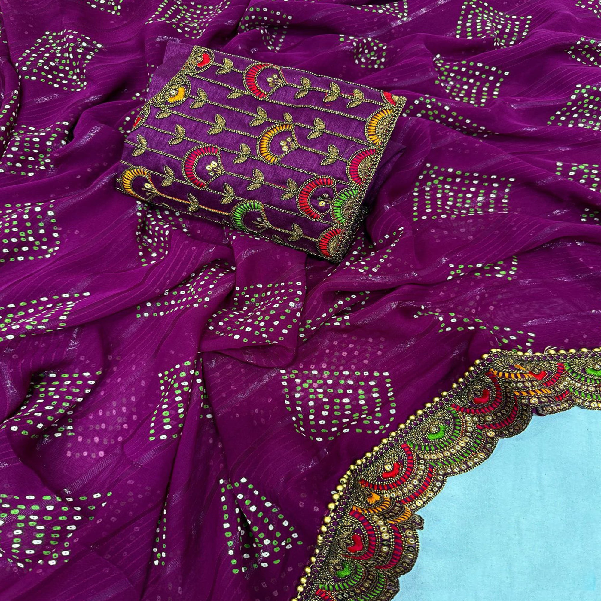 Purple Bandhani Printed Georgette Saree for Festive Wear with Lace Detailing