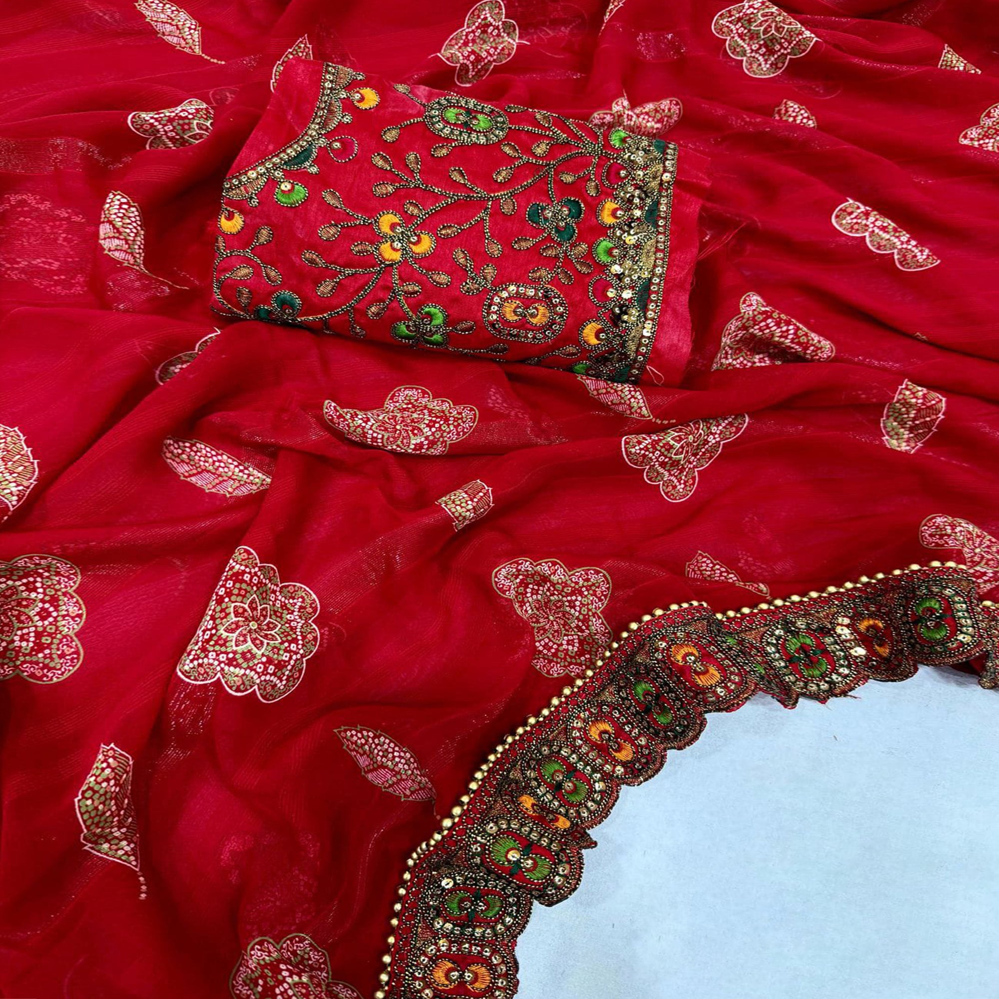 Red Bandhani Printed Georgette Saree for Festive Wear with Lace Detailing