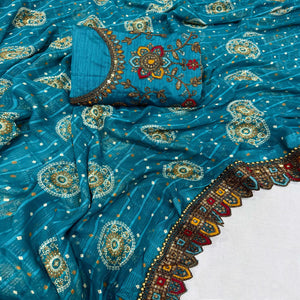 Teal Bandhani Printed Georgette Saree for Festive Wear with Lace Detailing