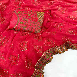 Pink Bandhani Printed Georgette Saree for Festive Wear with Lace Detailing