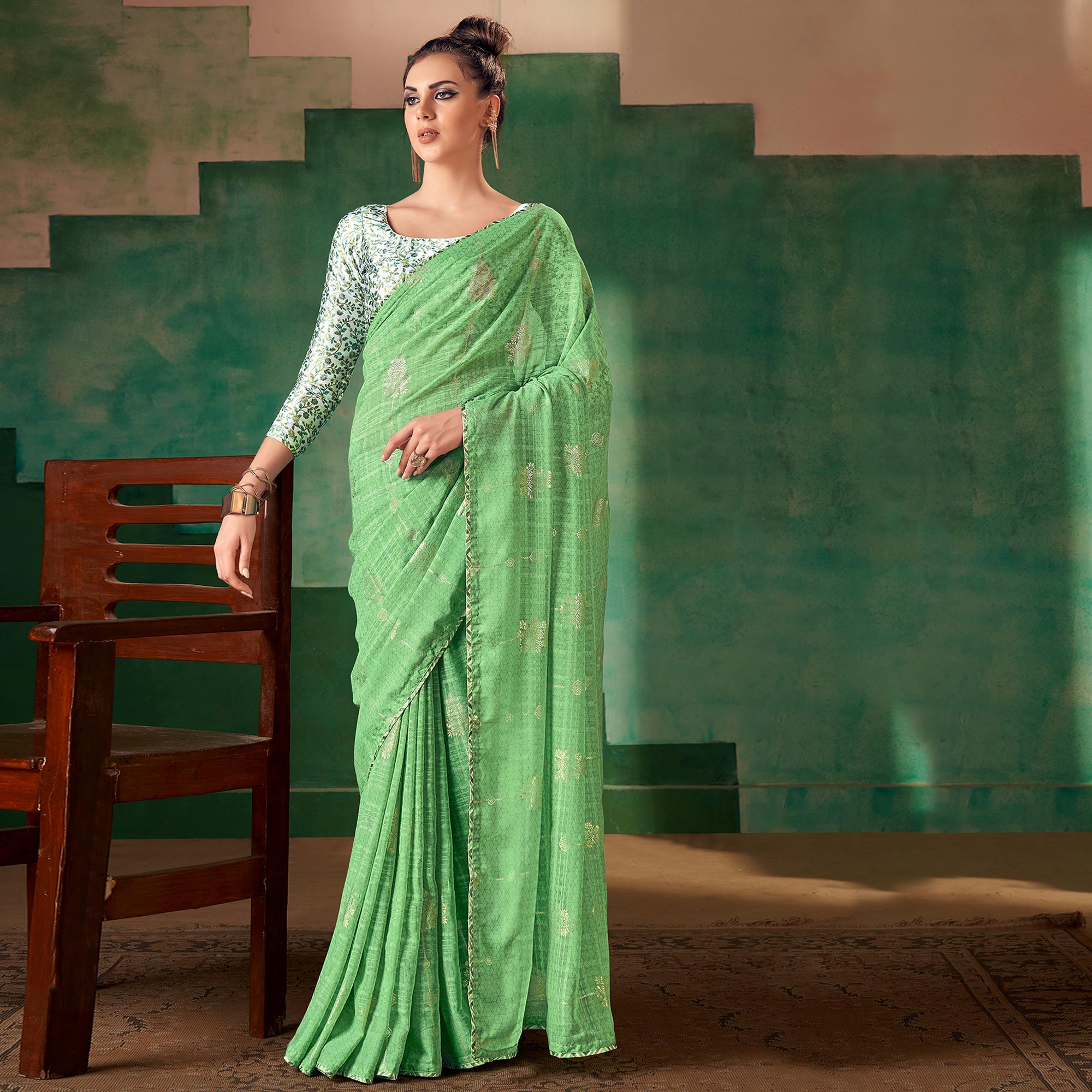 Green Floral Foil Printed Georgette Saree