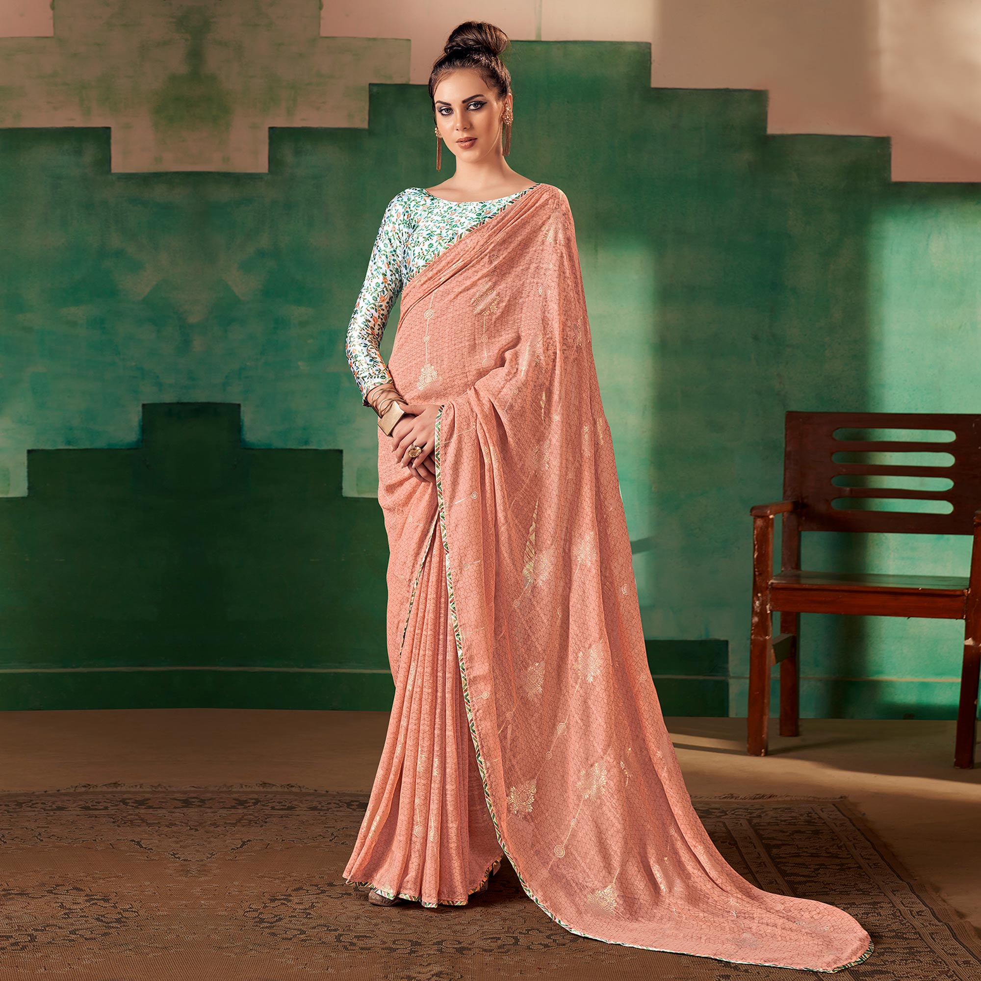 Peach Floral Foil Printed Georgette Saree