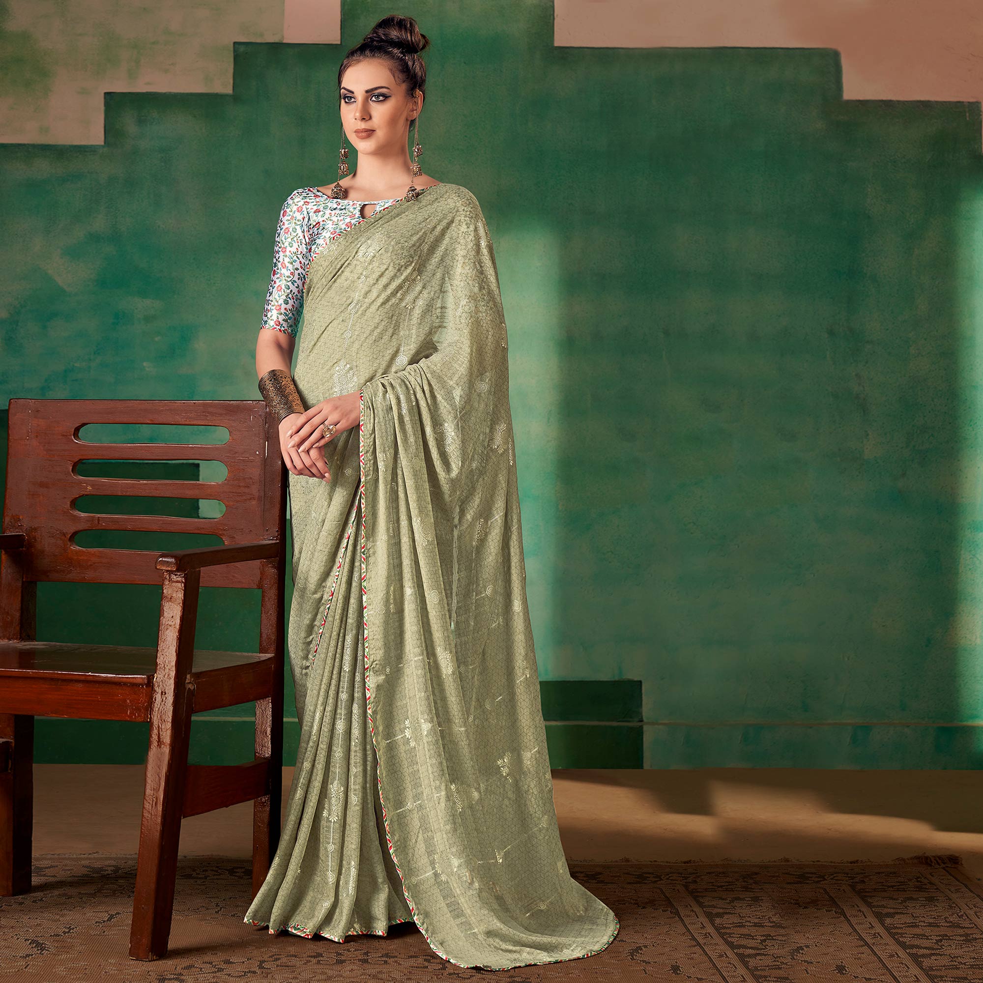 Green Floral Foil Printed Georgette Saree