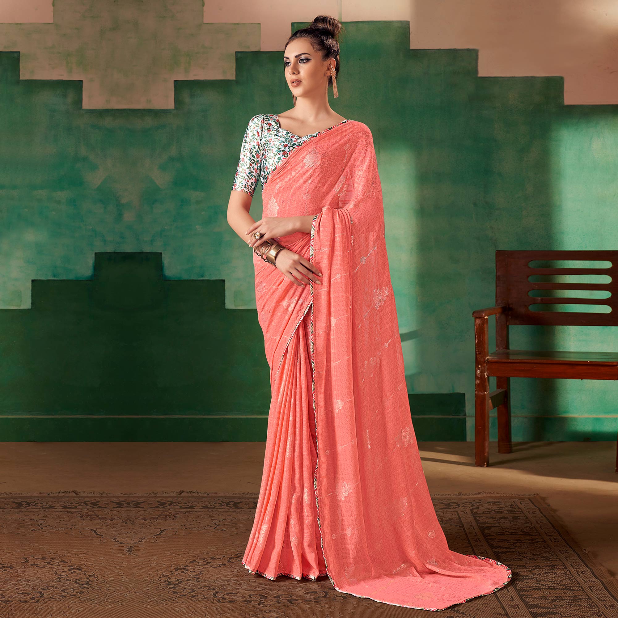 Peach Floral Foil Printed Georgette Saree