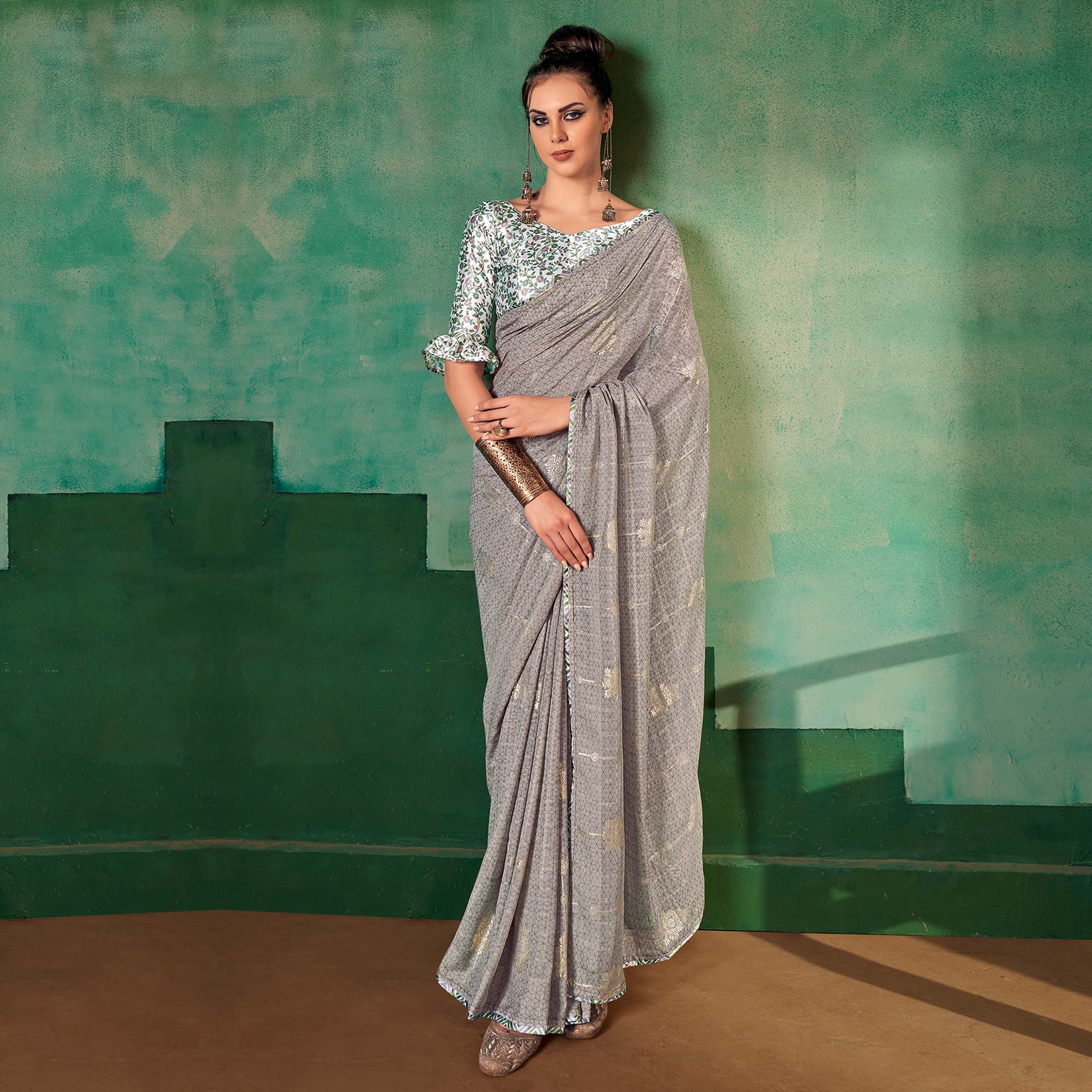 Grey Floral Foil Printed Georgette Saree