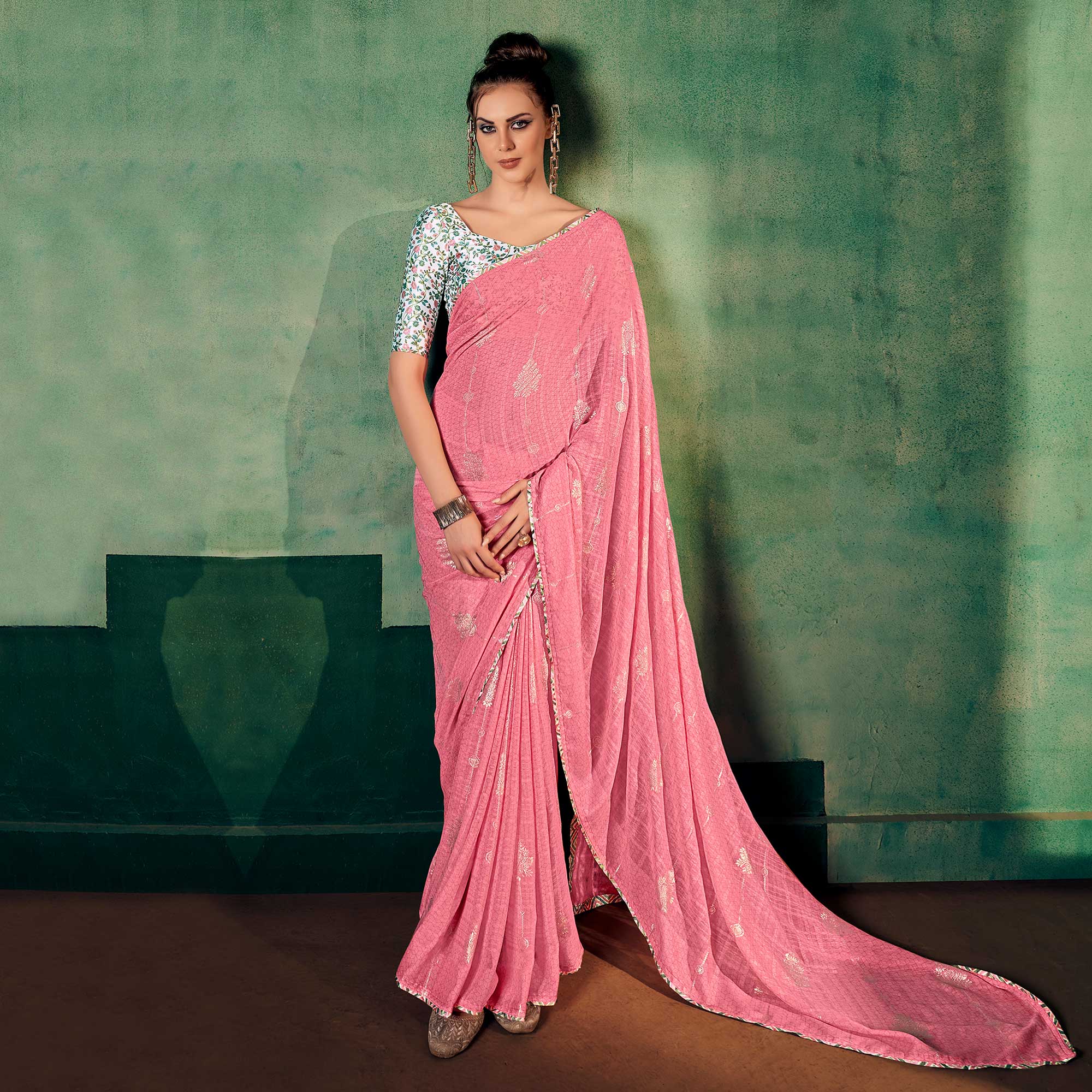 Pink Floral Foil Printed Georgette Saree