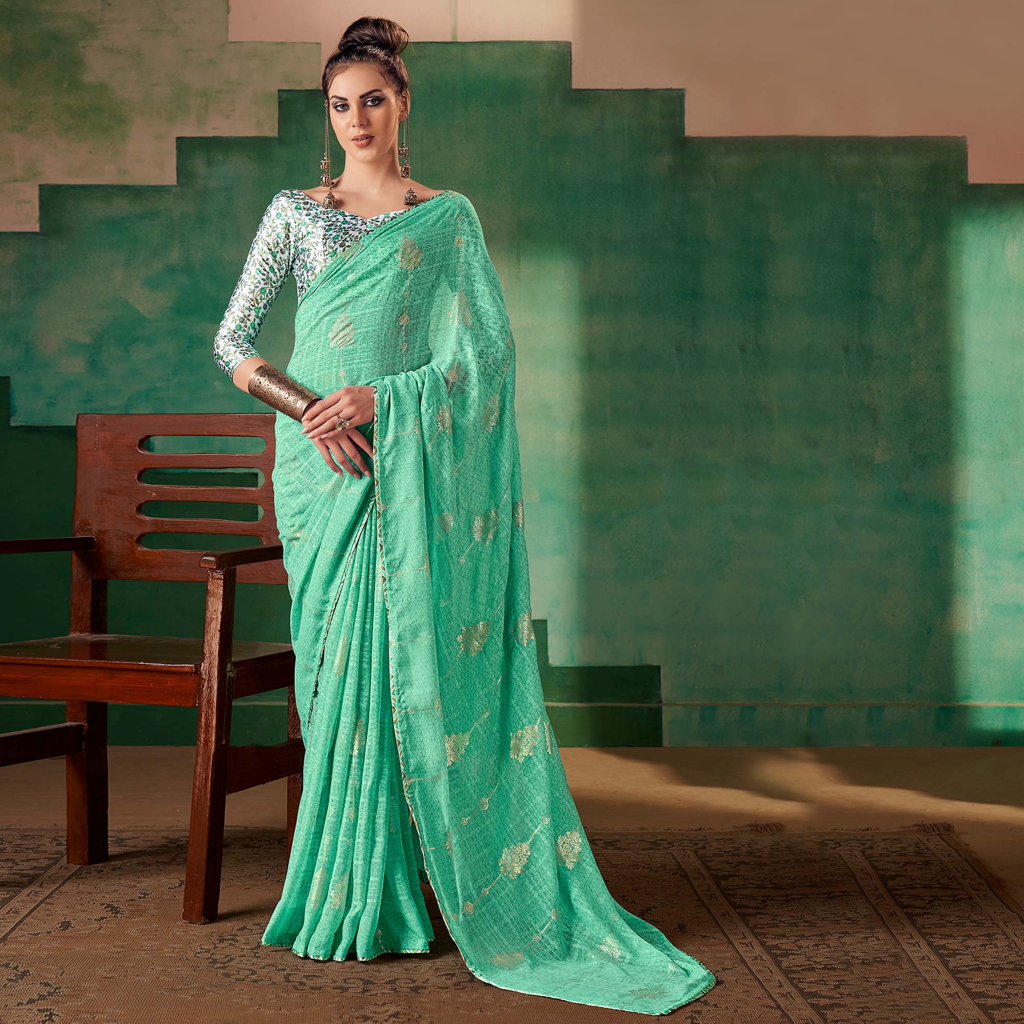 Sea Green Floral Foil Printed Georgette Saree