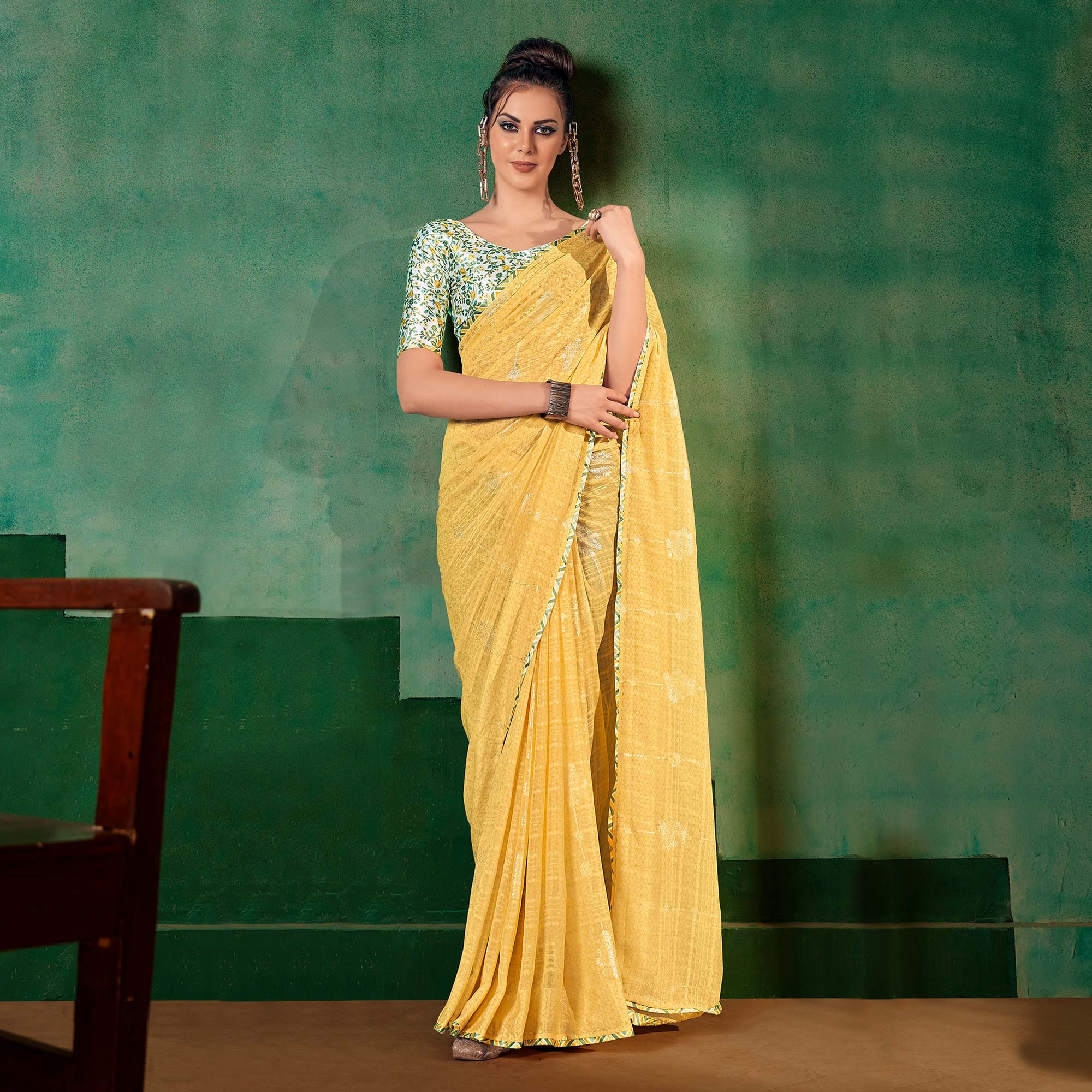 Yellow Floral Foil Printed Georgette Saree