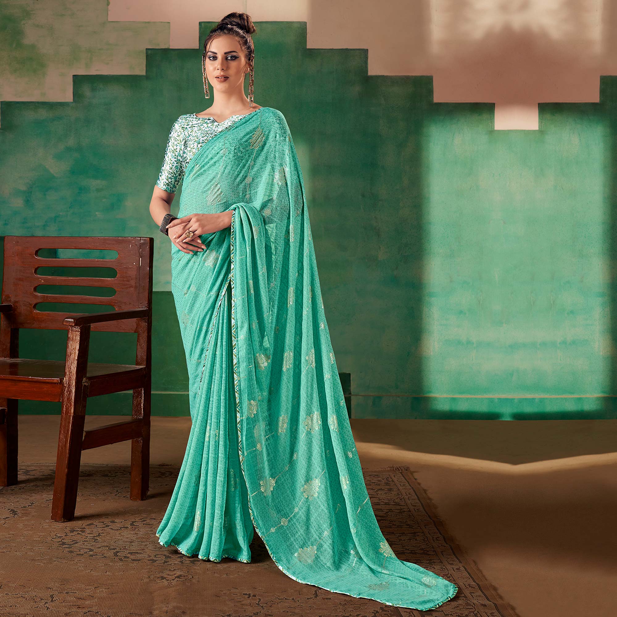 Turquoise Floral Foil Printed Georgette Saree