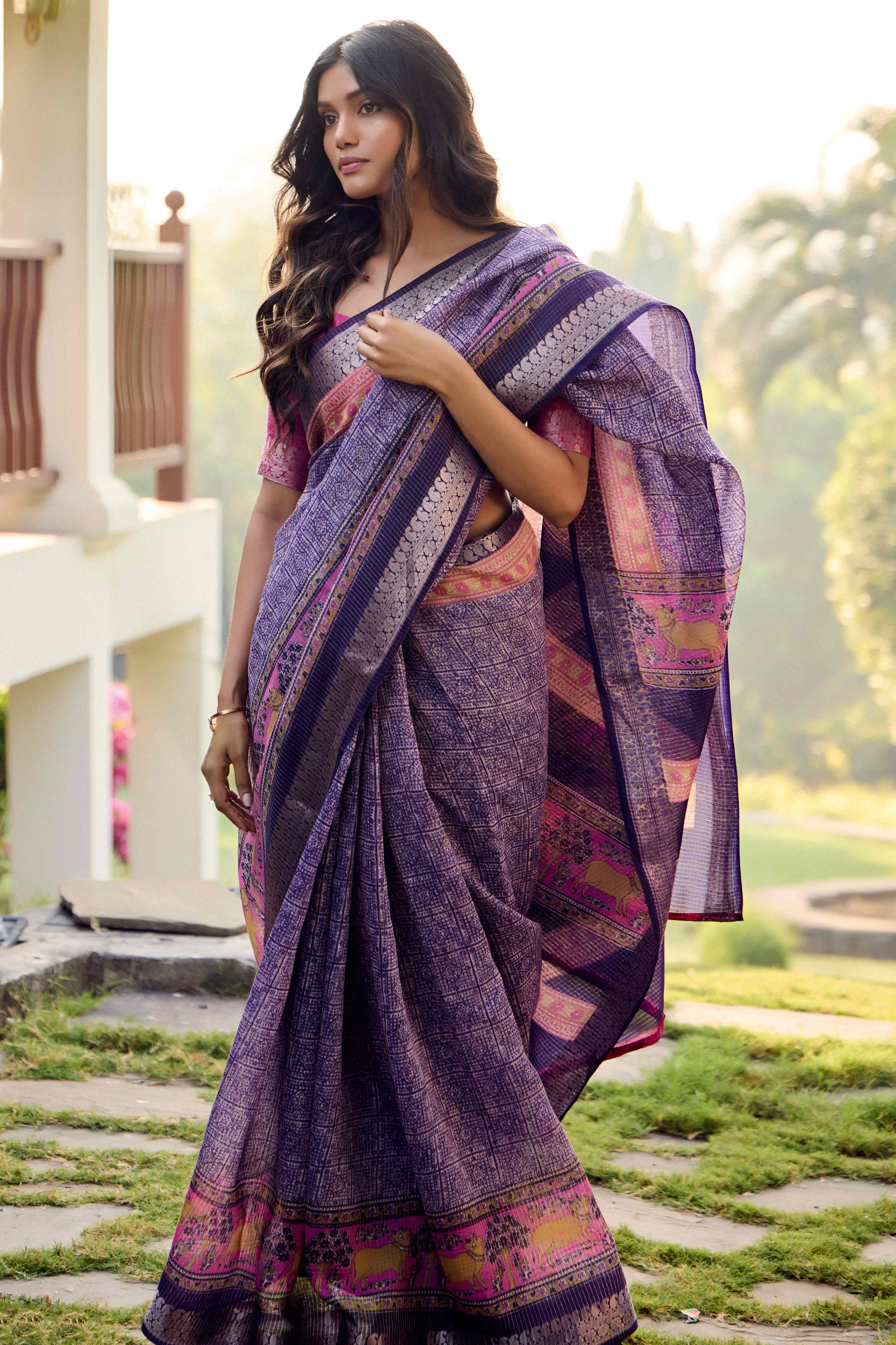 Purple Printed Mulmul Cotton Saree With Jacquard Border