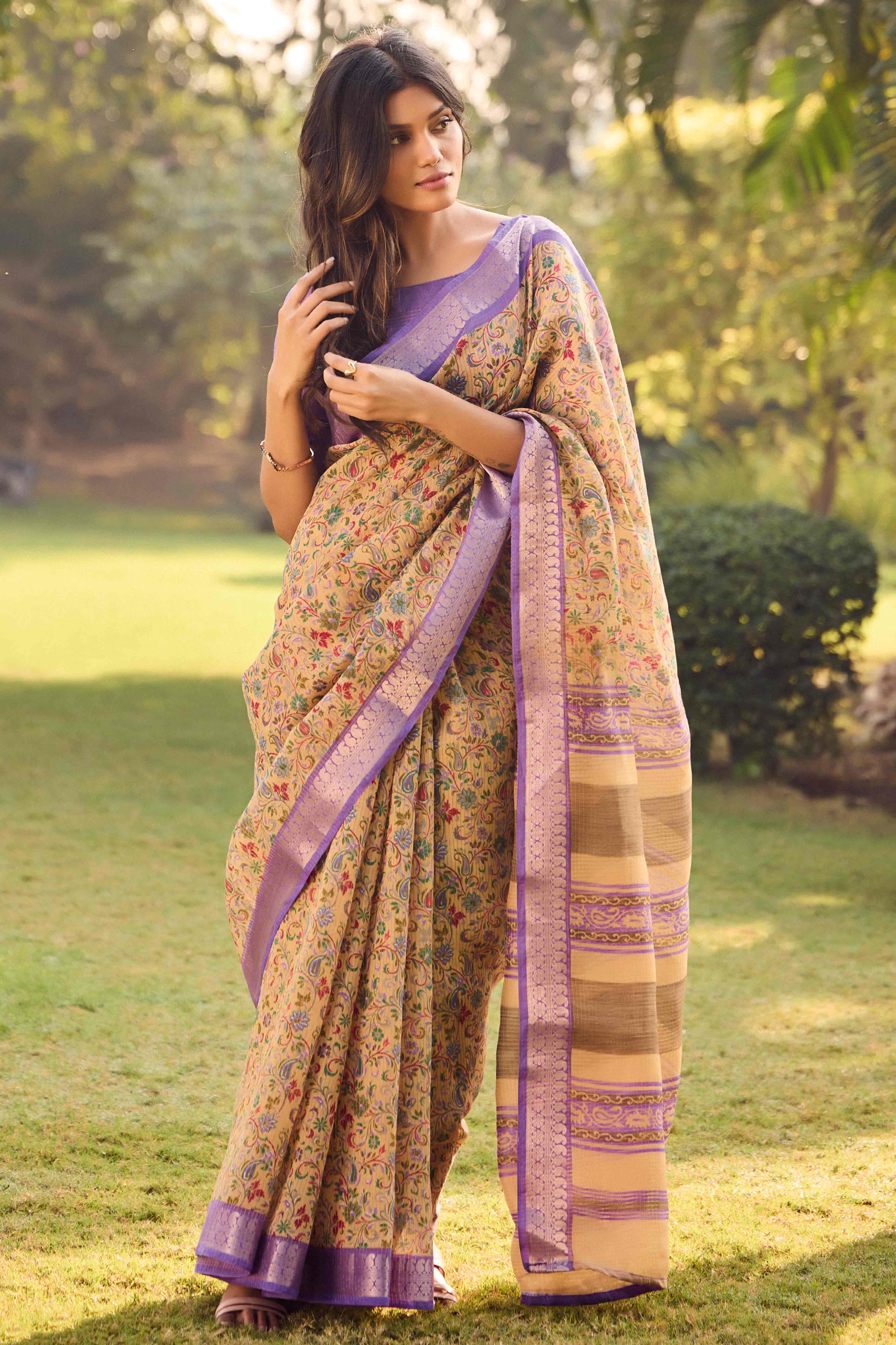 Beige Printed Mulmul Cotton Saree With Jacquard Border