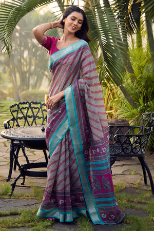 Grey Printed Mulmul Cotton Saree With Jacquard Border