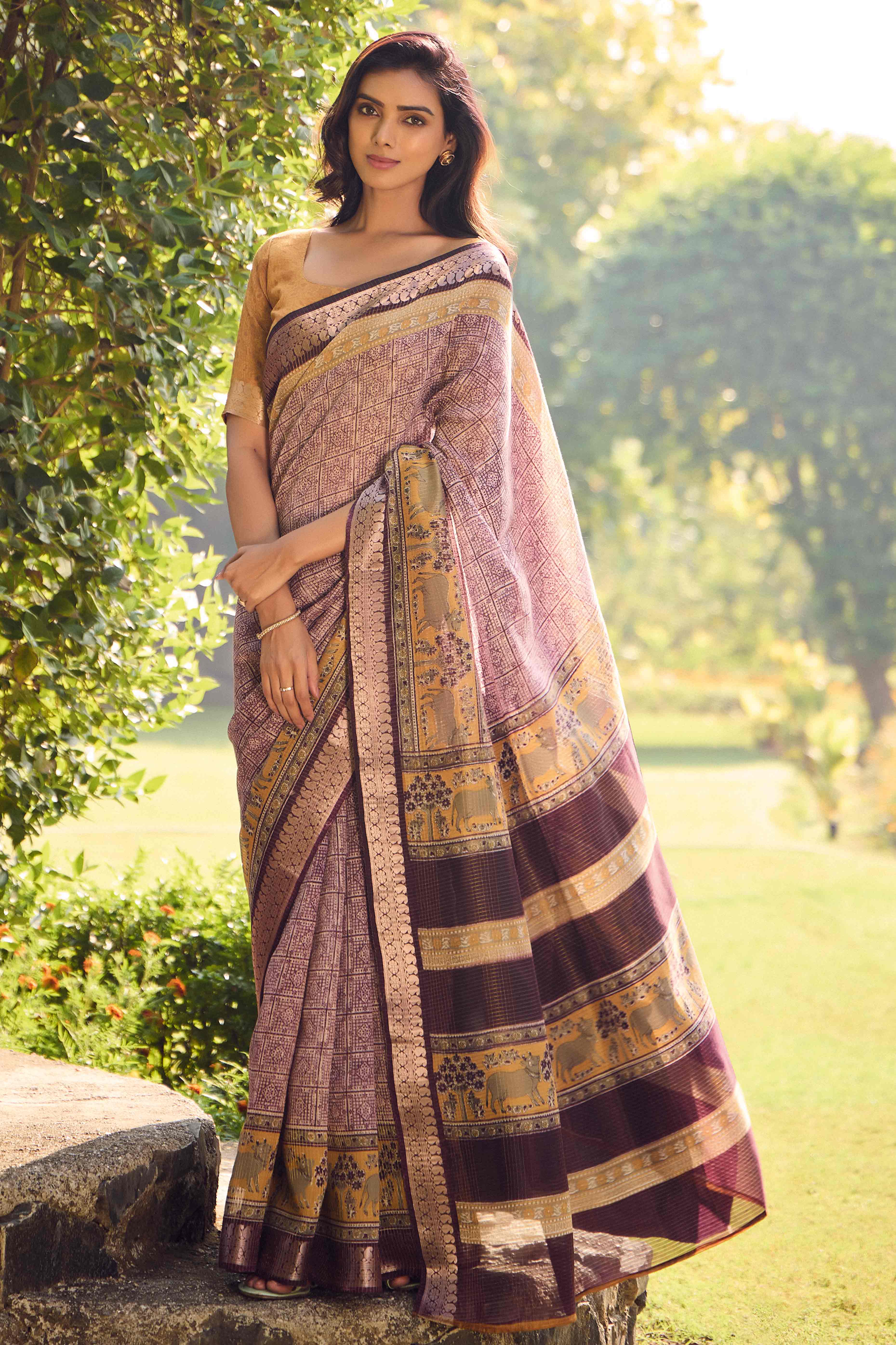 Rosy Brown Printed Mulmul Cotton Saree With Jacquard Border