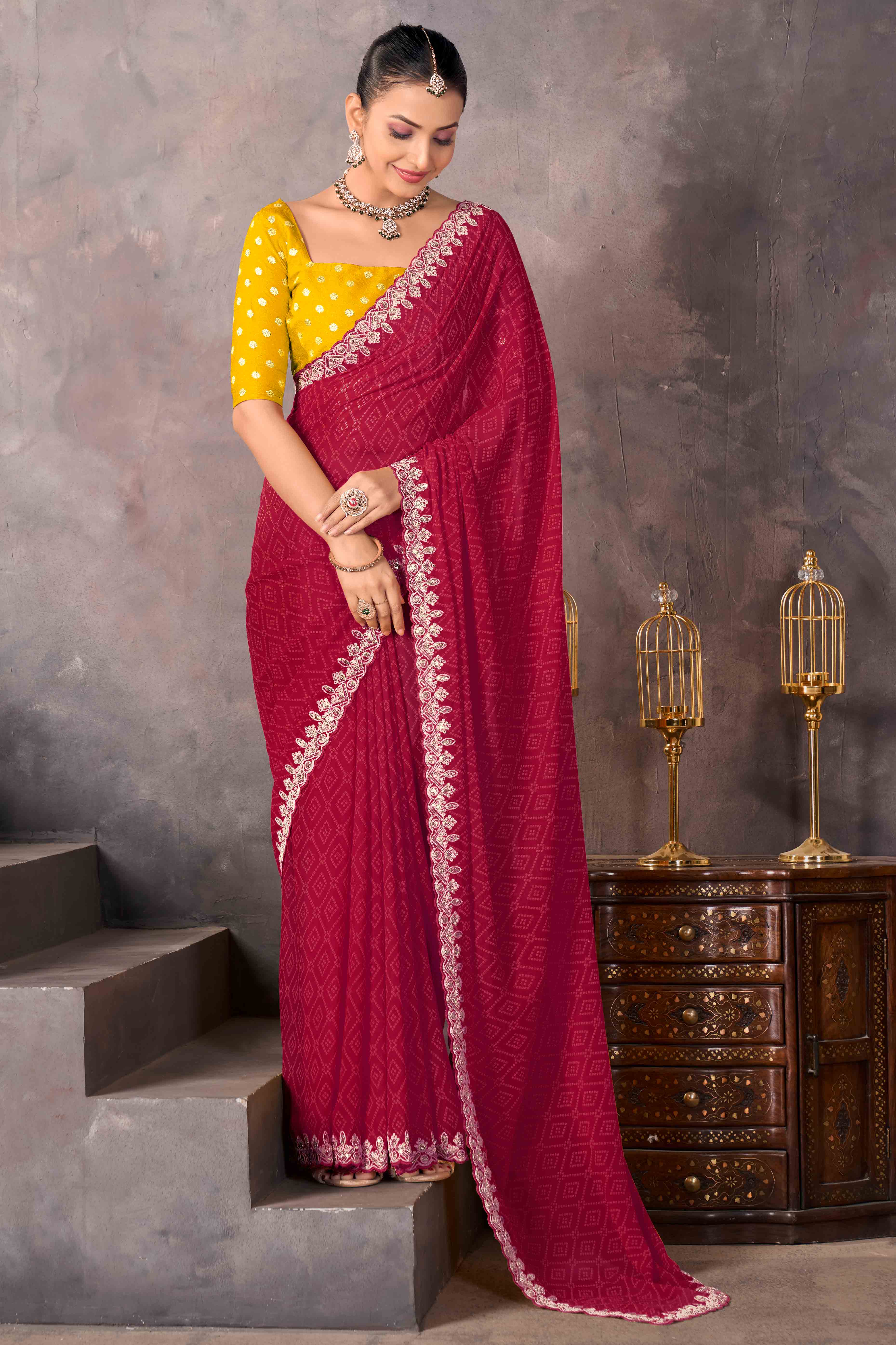 Modern Maroon Georgette Saree with Timeless Bandhani Prints