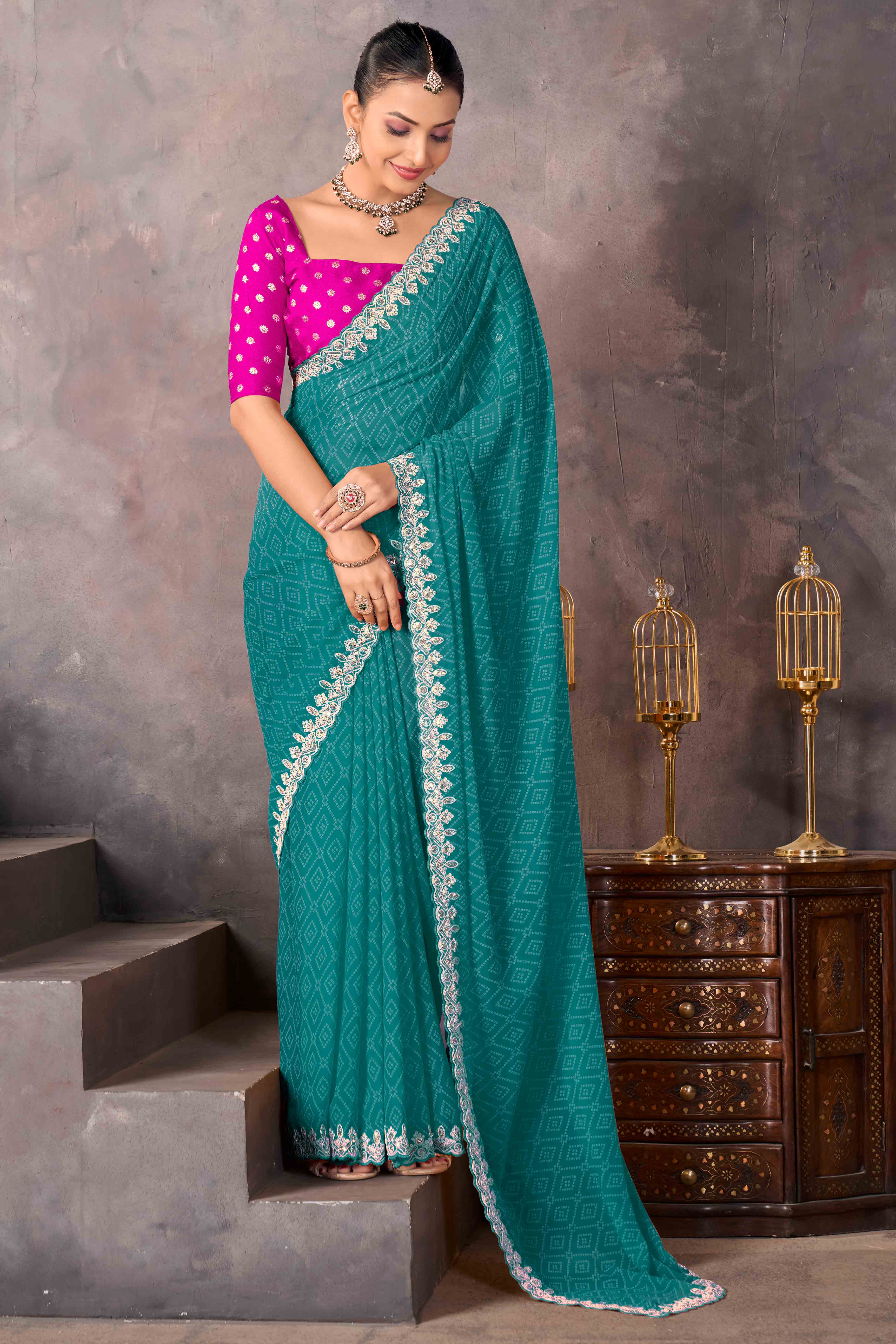 Modern Turquoise Georgette Saree with Timeless Bandhani Prints