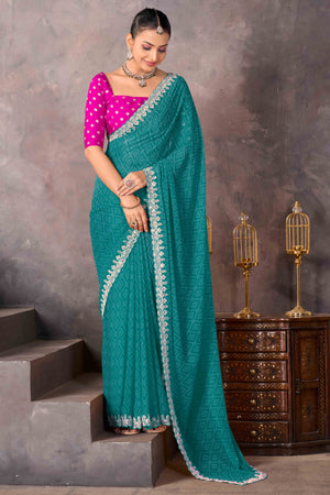 Modern Turquoise Georgette Saree with Timeless Bandhani Prints