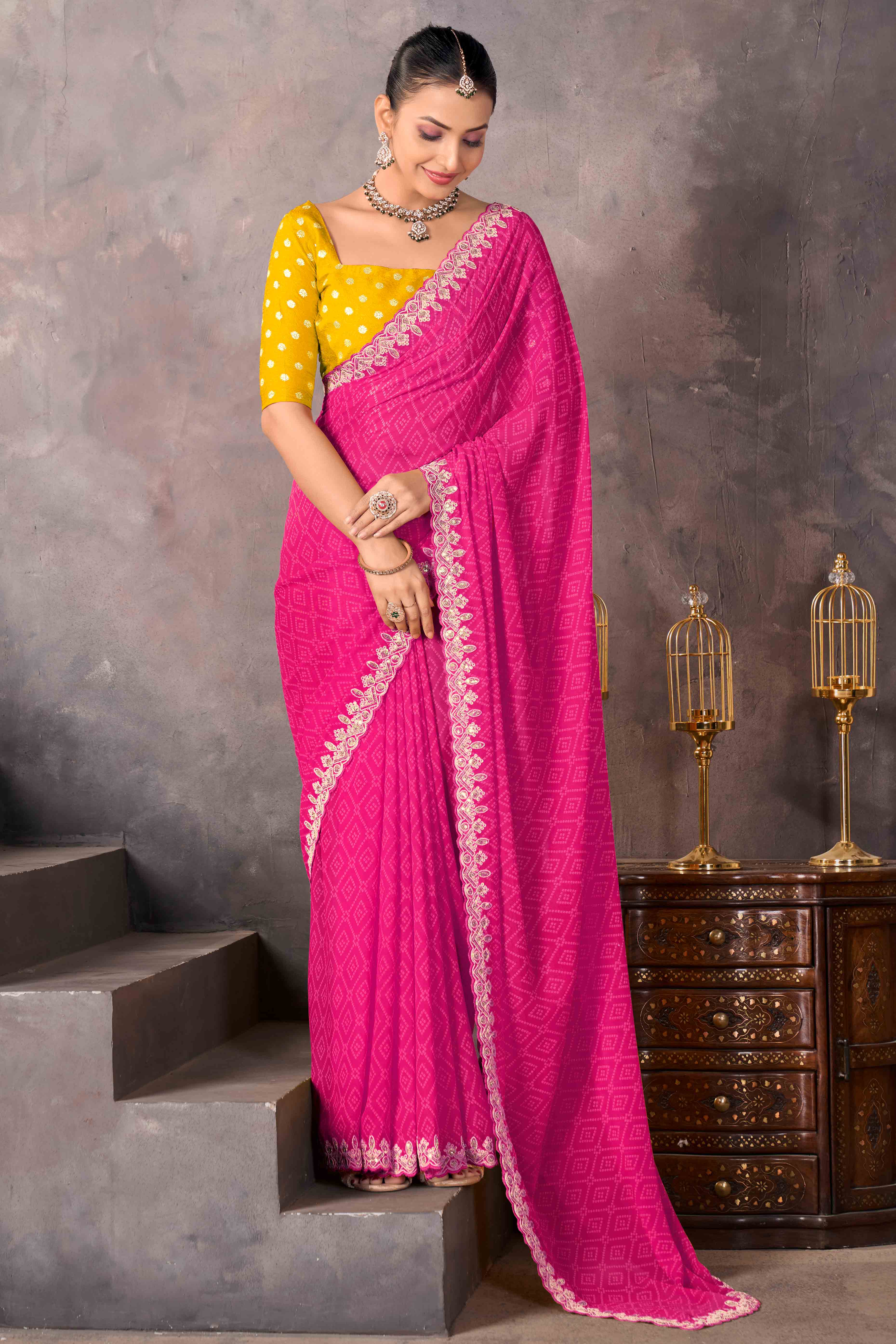 Modern Pink Georgette Saree with Timeless Bandhani Prints