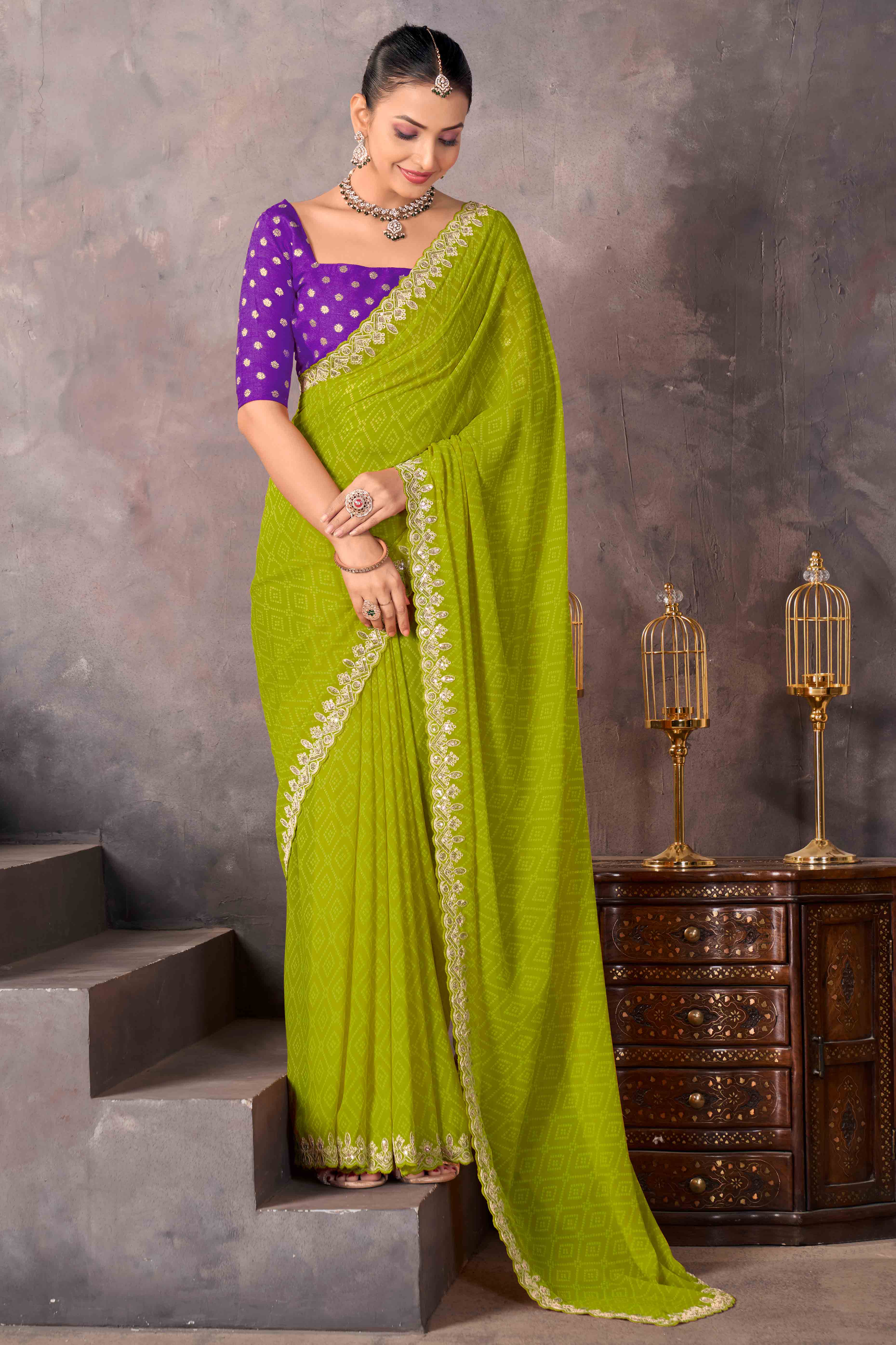 Modern Parrot Green Georgette Saree with Timeless Bandhani Prints