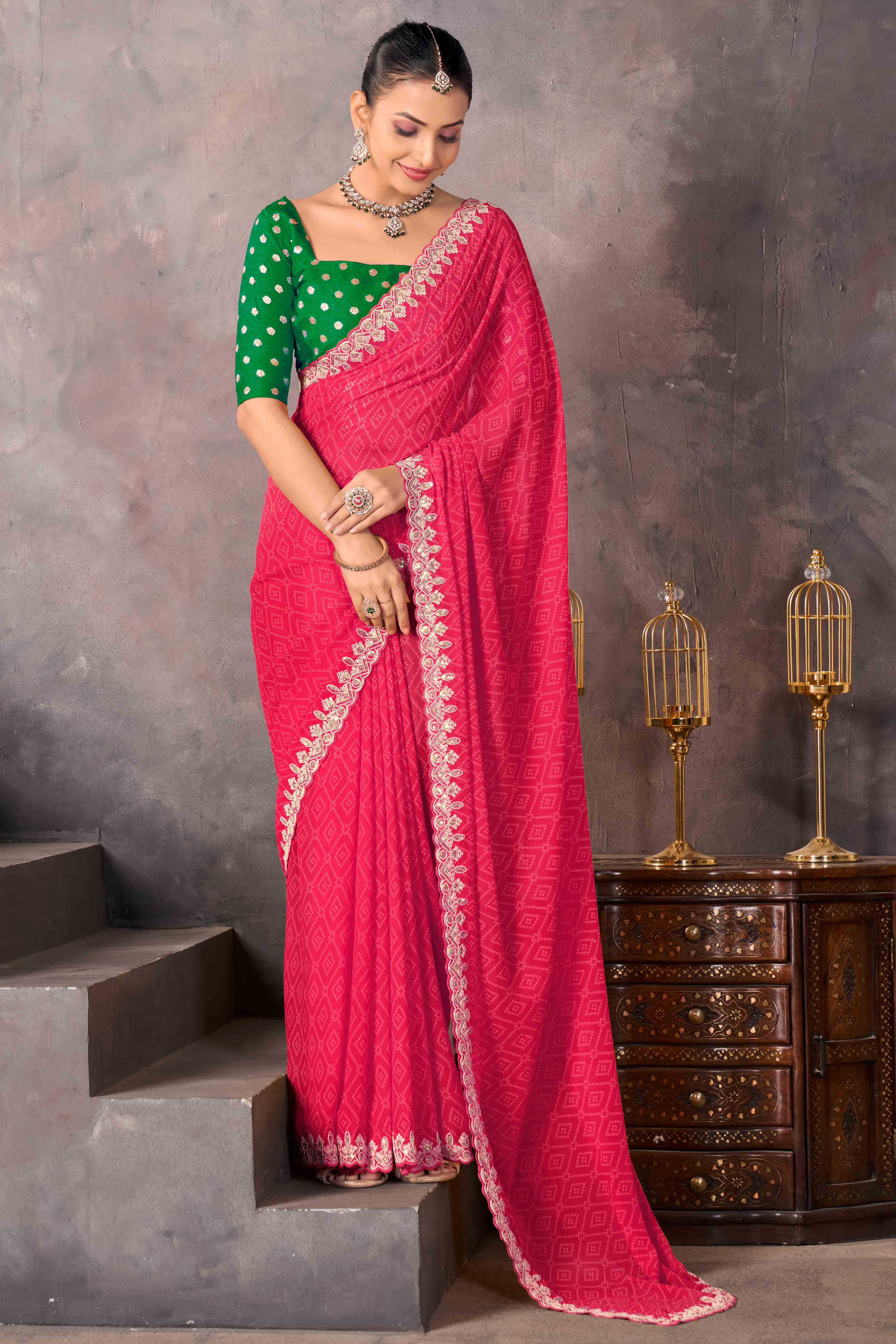 Modern Pink Georgette Saree with Timeless Bandhani Prints