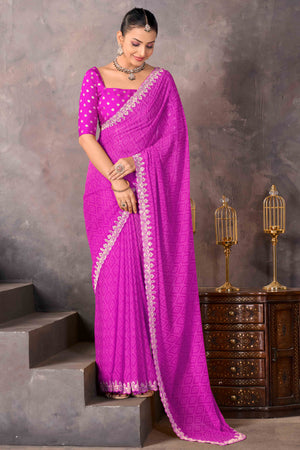 Modern Fuchsia Pink Georgette Saree with Timeless Bandhani Prints
