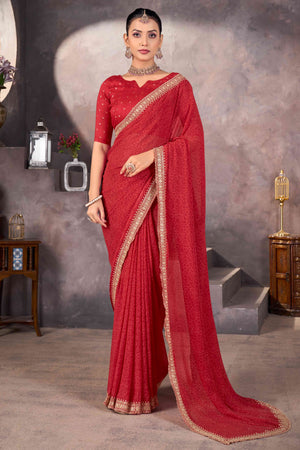 Red Bandhani Printed Georgette Saree