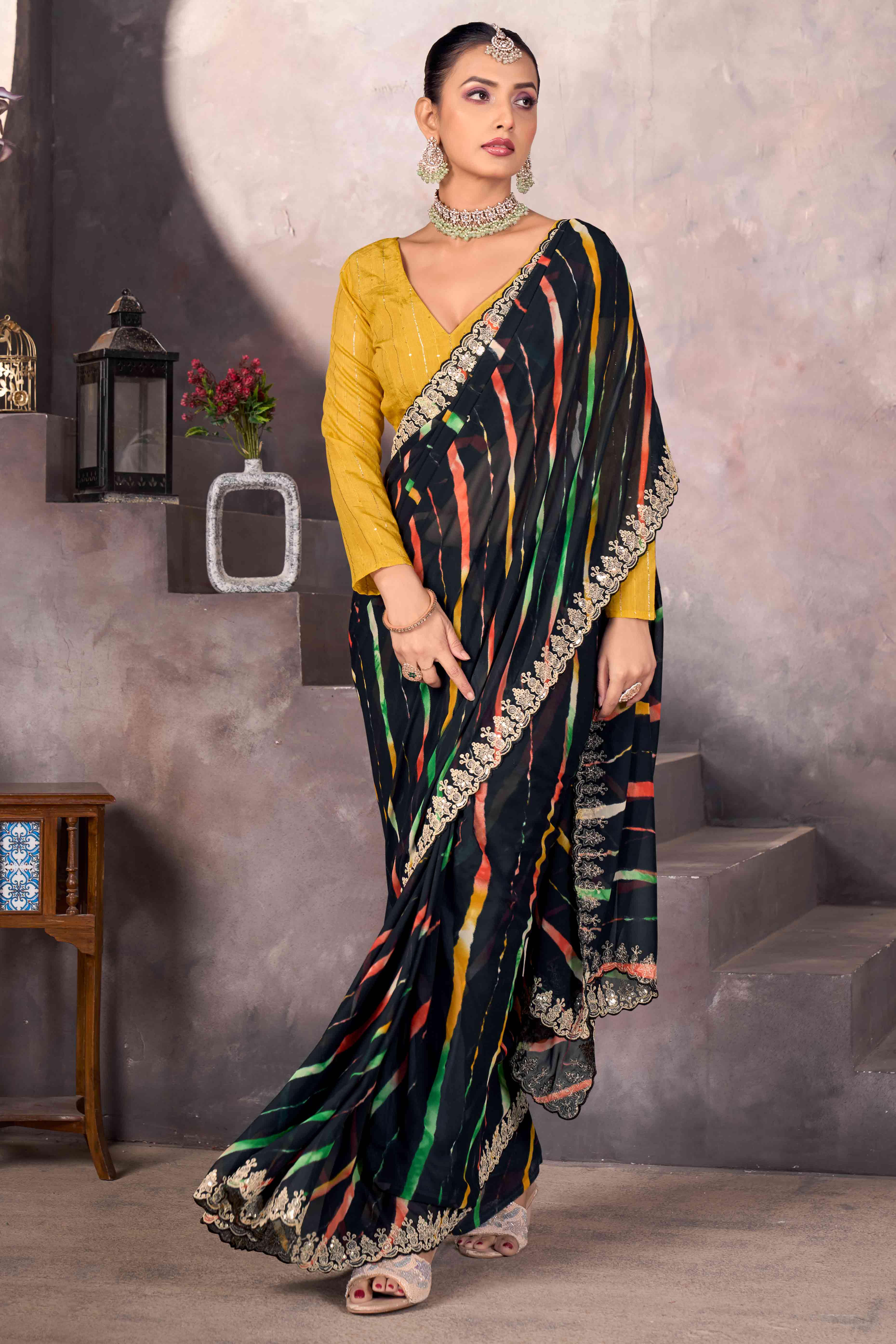 Black Leheriya Printed Georgette Saree