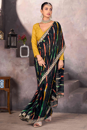 Black Leheriya Printed Georgette Saree