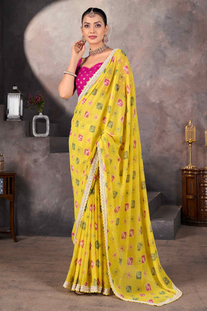 Yellow Bandhani Printed Georgette Saree