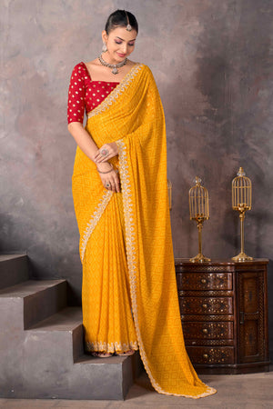 Mustard Bandhani Printed Georgette Saree