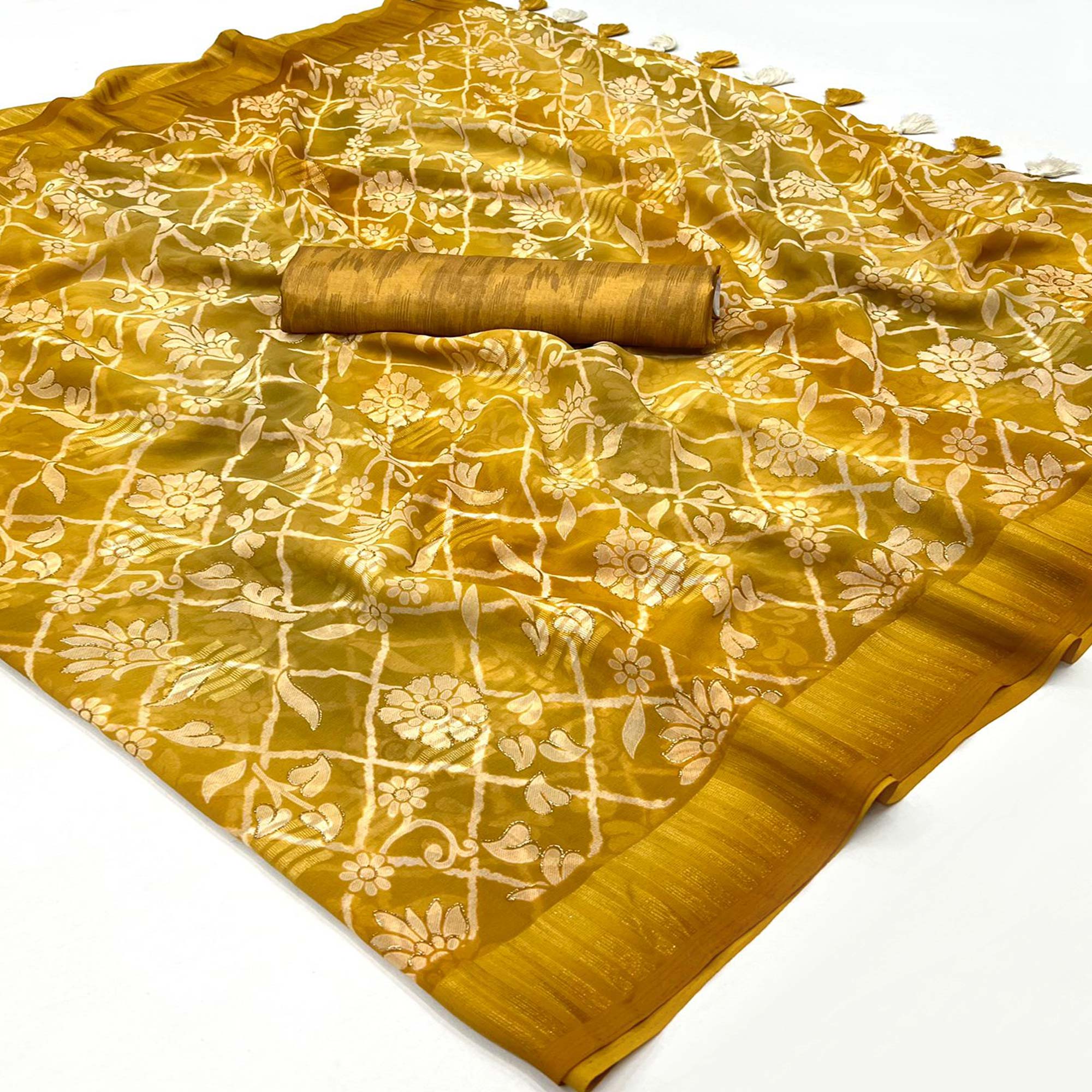 Mustard Floral Foil Printed Georgette Saree With Tassels