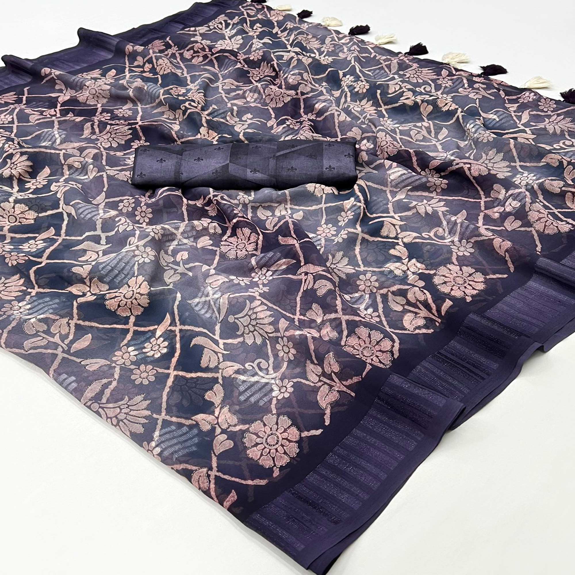 Deep Purple Floral Foil Printed Georgette Saree With Tassels