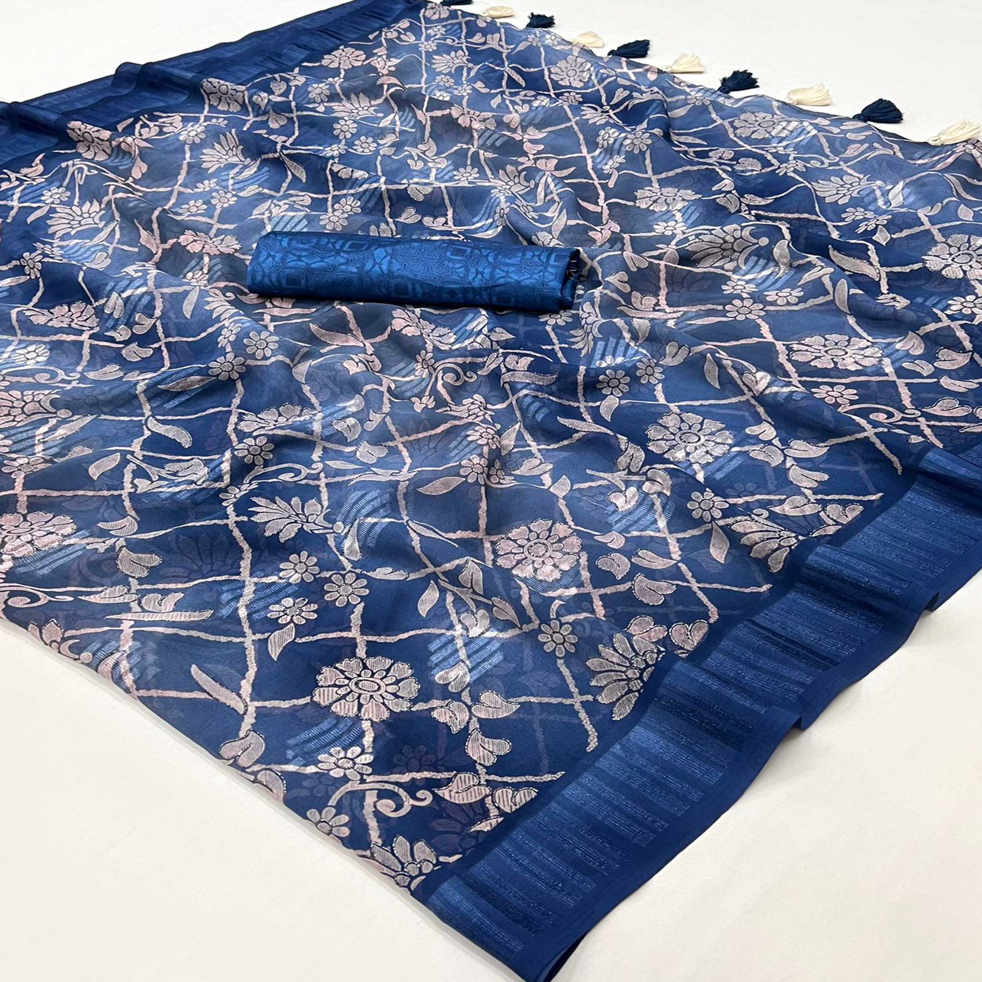 Blue Floral Foil Printed Georgette Saree With Tassels