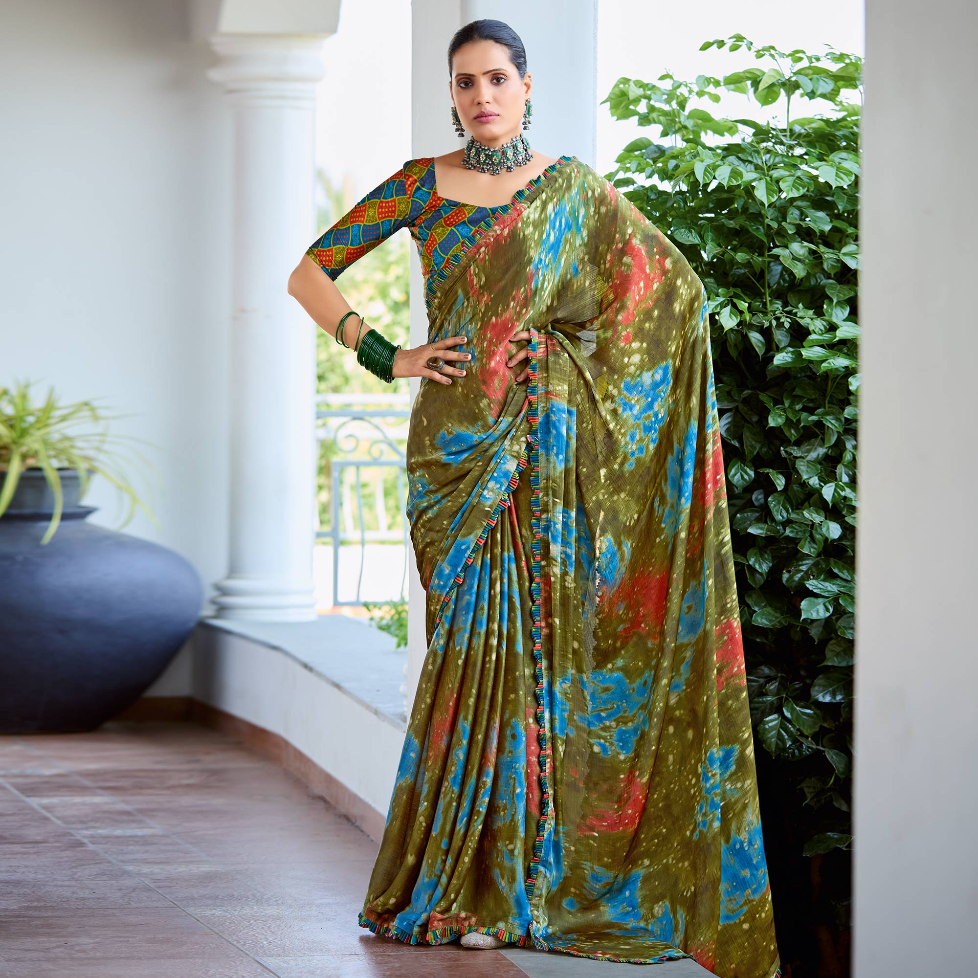 Green Printed Satin Saree With Frill Border