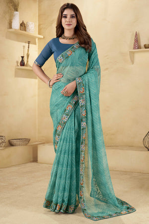 Turquoise Geometric Printed Chiffon Saree Accented With Floral Sequins Embroidered Border Work