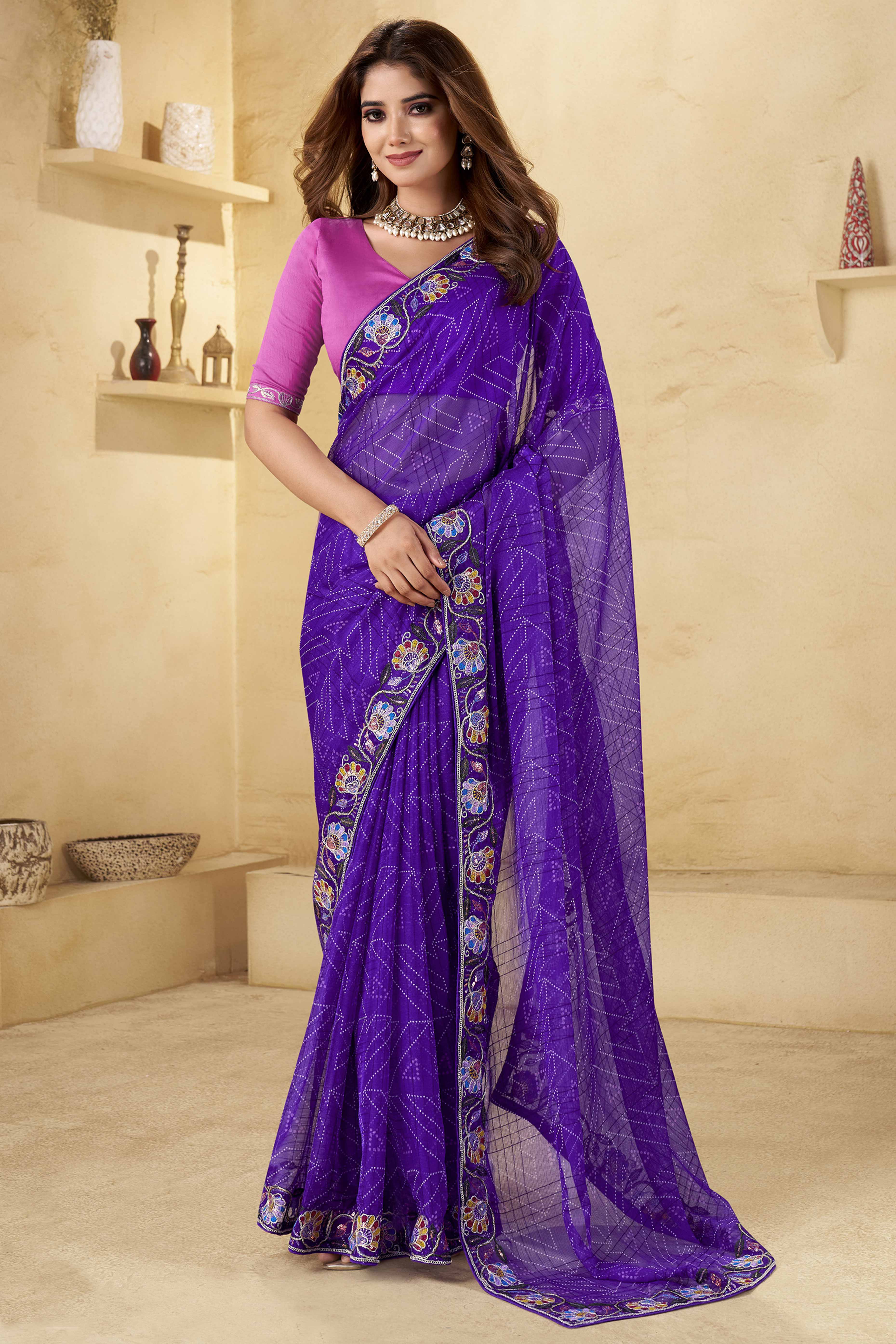 Royal Purple Geometric Printed Chiffon Saree Accented With Floral Sequins Embroidered Border Work