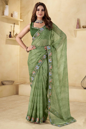 Green Geometric Printed Chiffon Saree Accented With Floral Sequins Embroidered Border Work