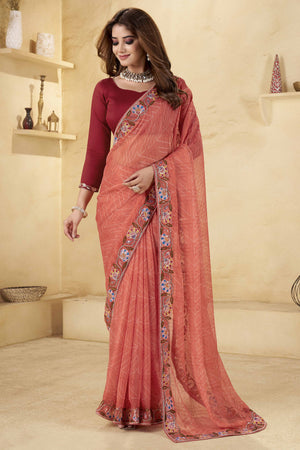 Terracotta Orange Geometric Printed Chiffon Saree Accented With Floral Sequins Embroidered Border