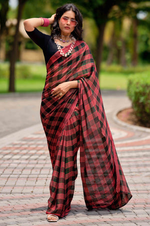 Rusty Red With Intricate Black Weaving Checks Georgette Saree